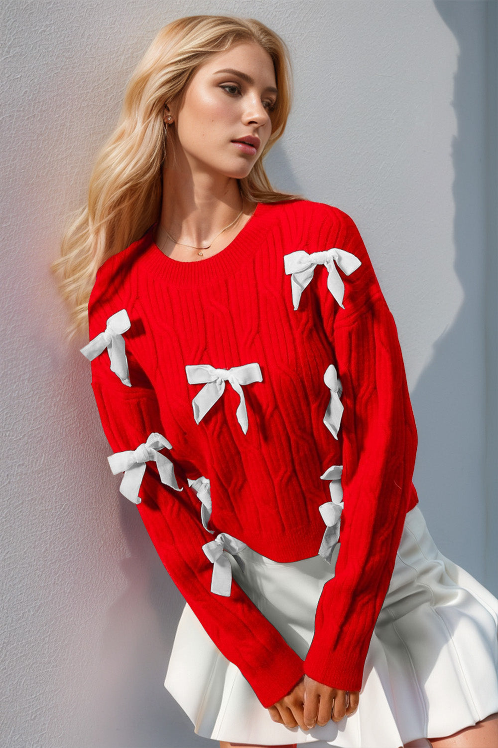 Blue Zone Planet | Double Take Full Size Bow Cable-Knit Round Neck Sweater-TOPS / DRESSES-[Adult]-[Female]-Red-S/M-2022 Online Blue Zone Planet