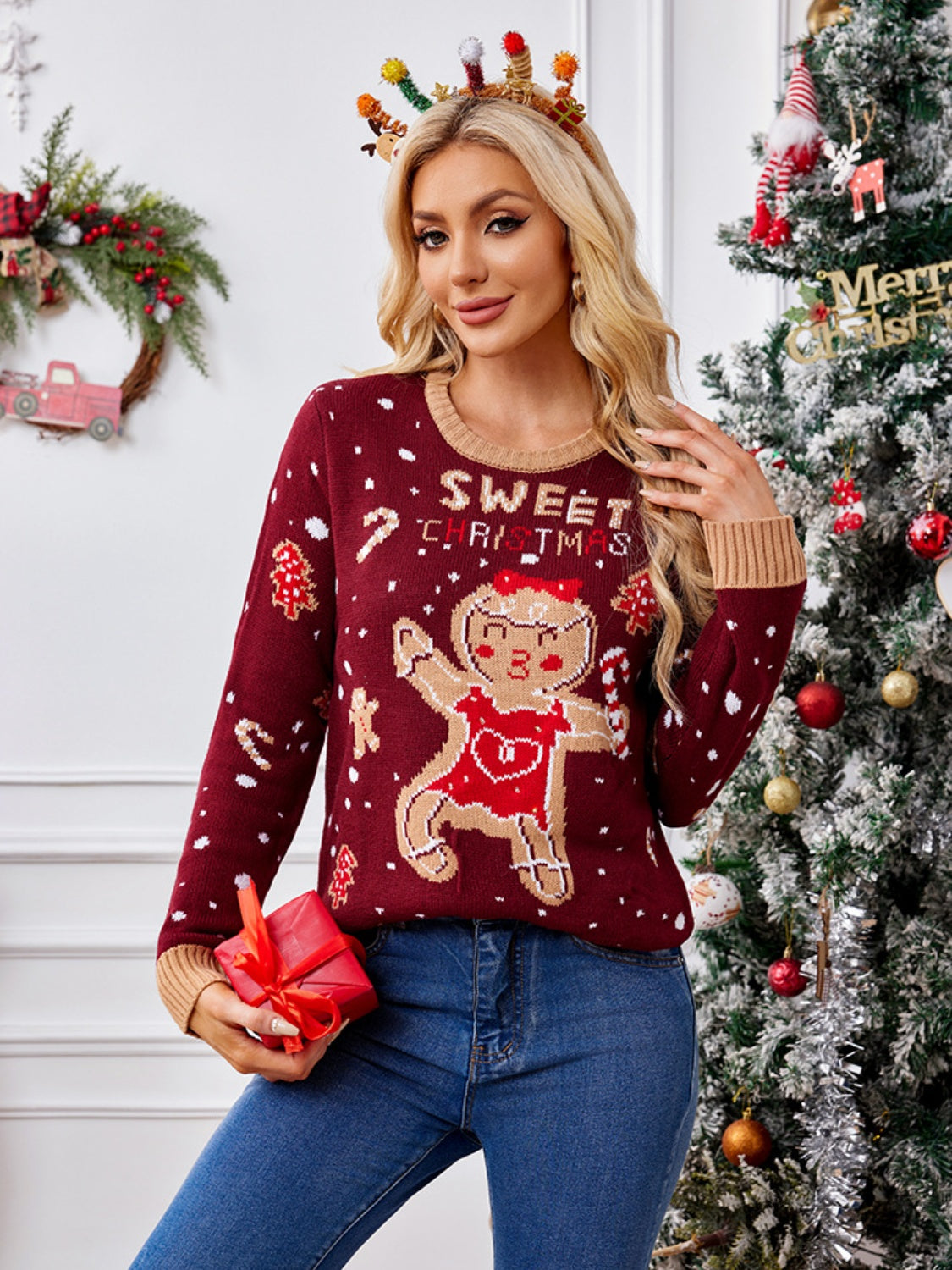 Gingerbread Round Neck Long Sleeve Sweater-TOPS / DRESSES-[Adult]-[Female]-2022 Online Blue Zone Planet