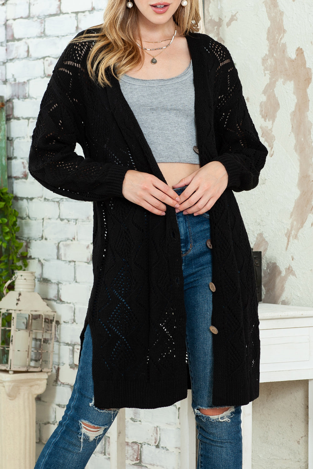 Black Button Up Hollow Out Loose Long Cardigan-Cardigans-[Adult]-[Female]-Black-S-2022 Online Blue Zone Planet