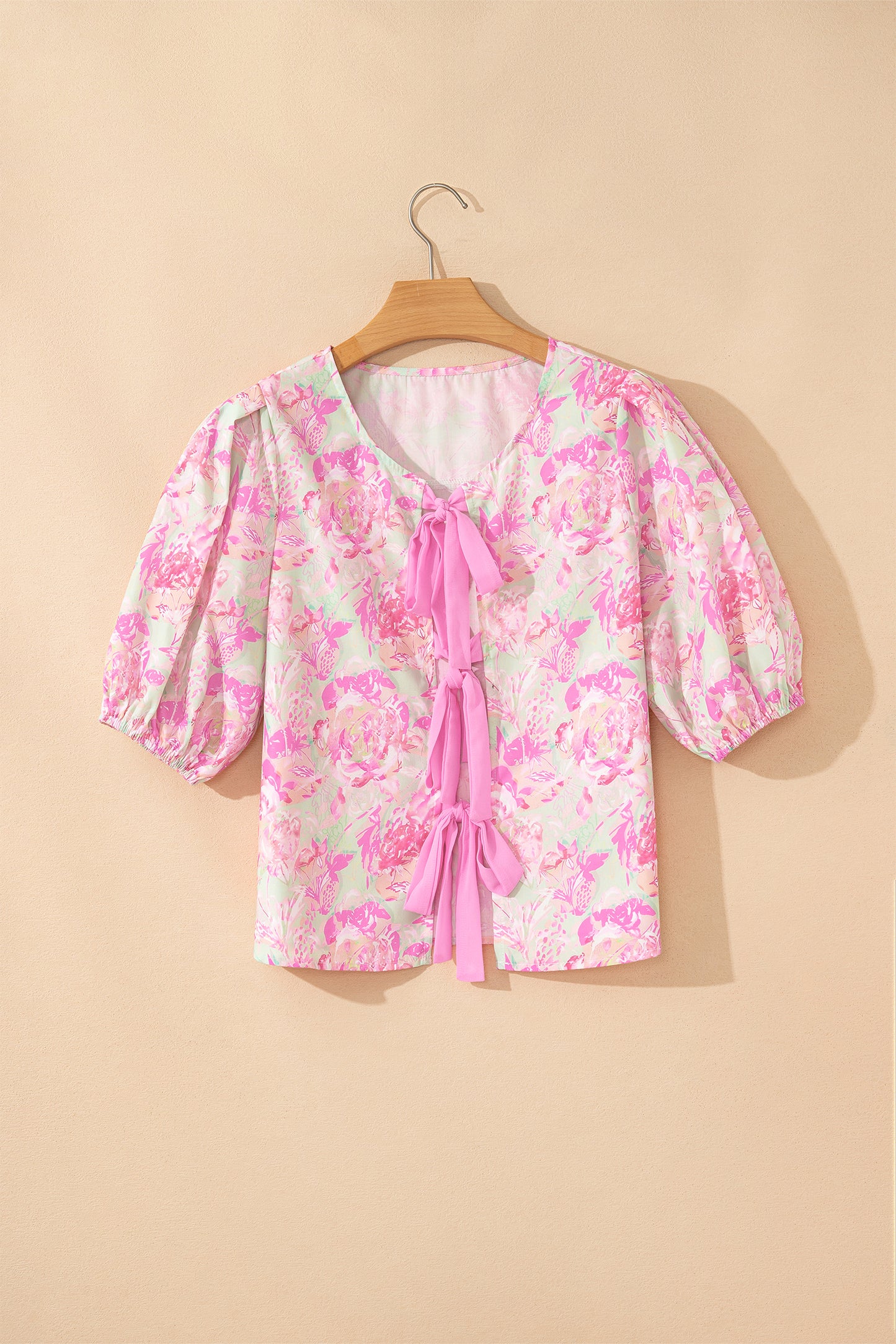 Pink Ribbon Knot Front Floral Short Puff Sleeve Blouse-Tops/Blouses & Shirts-[Adult]-[Female]-2022 Online Blue Zone Planet