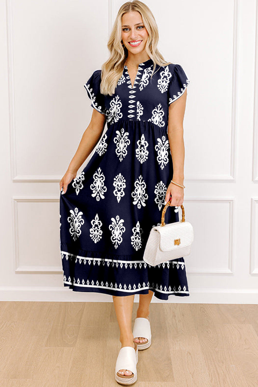 Blue Western Ethnic Print Notched Neck Short Sleeve Midi Dress-TOPS / DRESSES-[Adult]-[Female]-2022 Online Blue Zone Planet