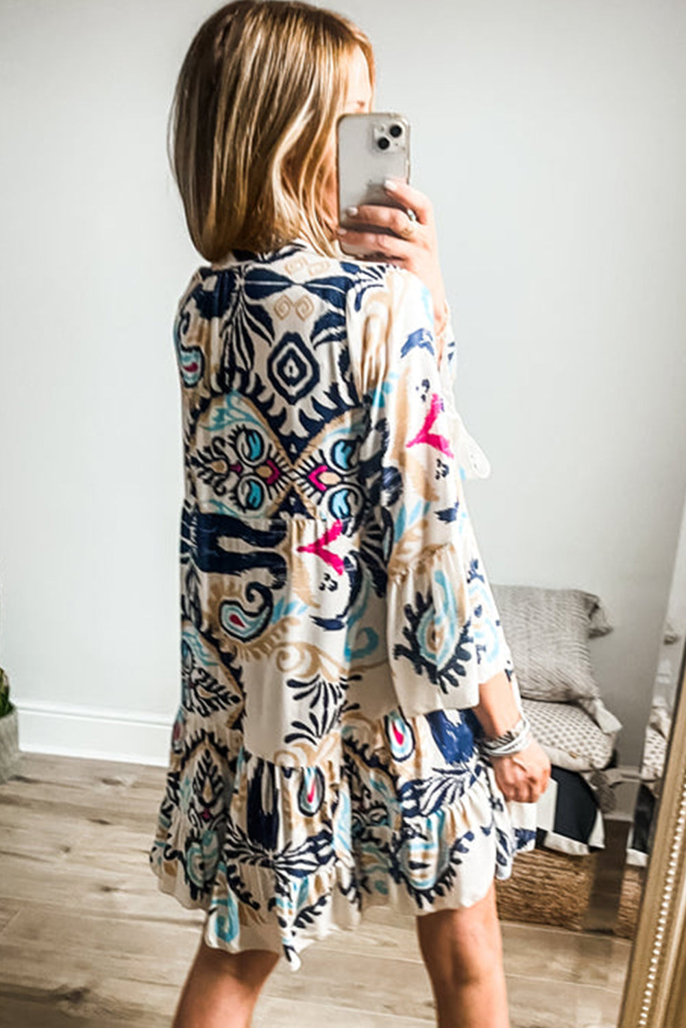 Blue Zone Planet |  White Printed Tribal Print Bracelet Sleeve Buttoned Mini Dress Blue Zone Planet