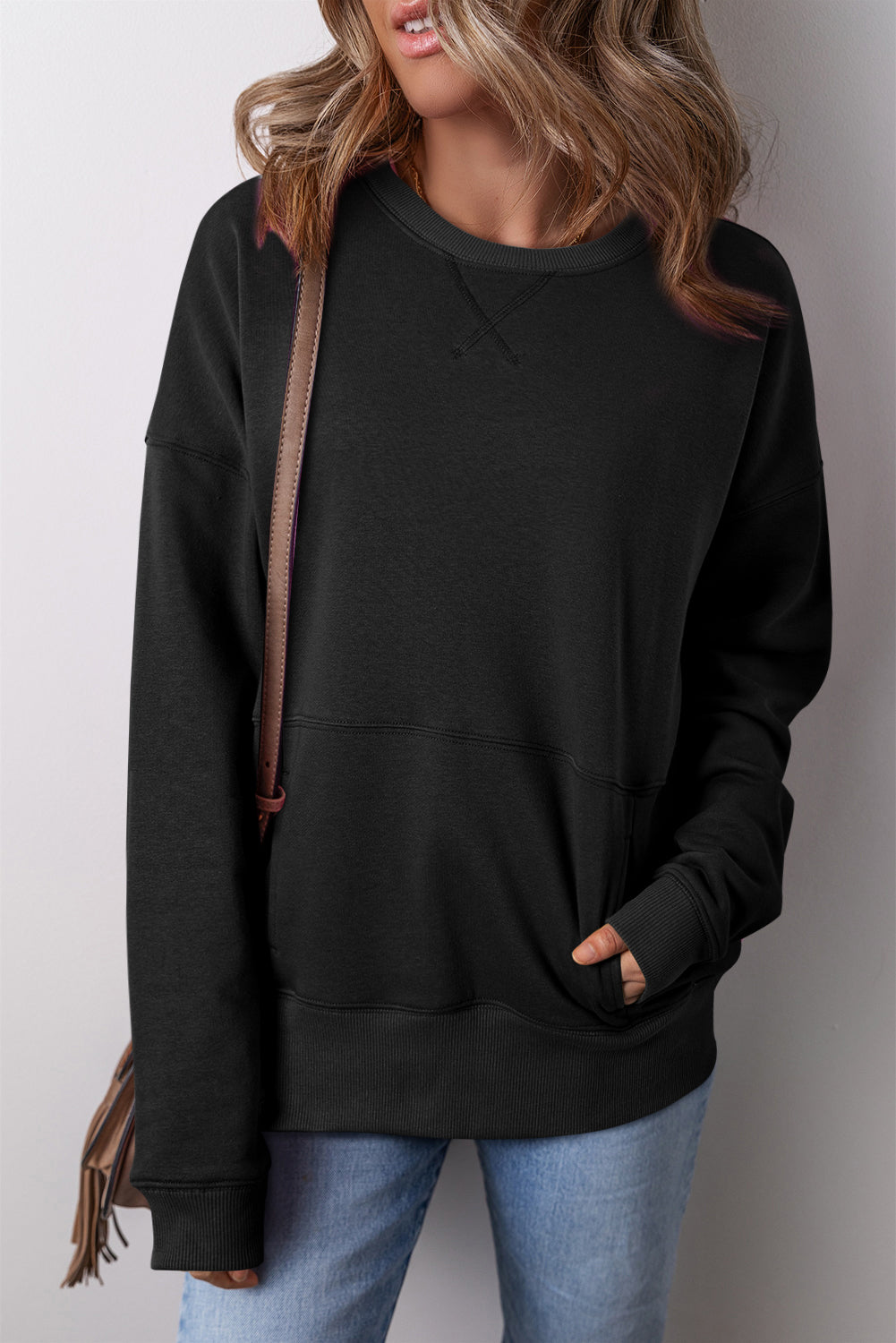 Blue Zone Planet | Black Drop Shoulder Crisscross Stitching Pocketed Loose Sweatshirt-Tops/Sweatshirts & Hoodies-[Adult]-[Female]-Black-S-2022 Online Blue Zone Planet