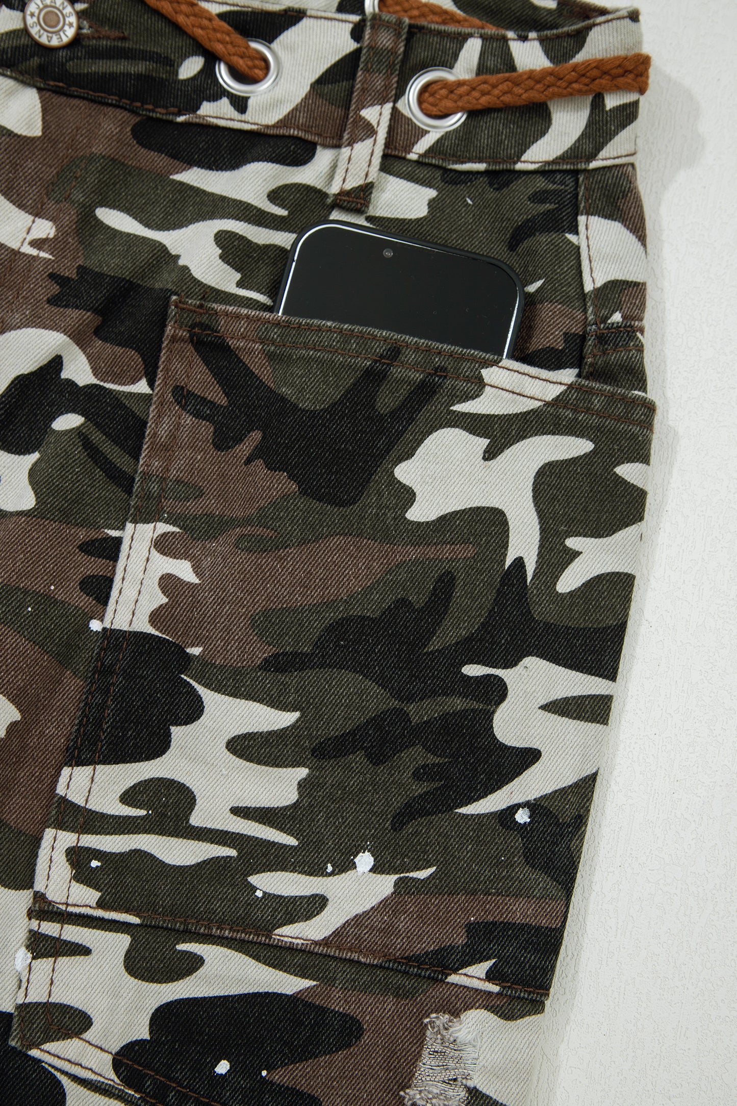 Green Camouflage Print Splashed Distressed Loose Denim Pants-Bottoms/Pants & Culotte-[Adult]-[Female]-2022 Online Blue Zone Planet