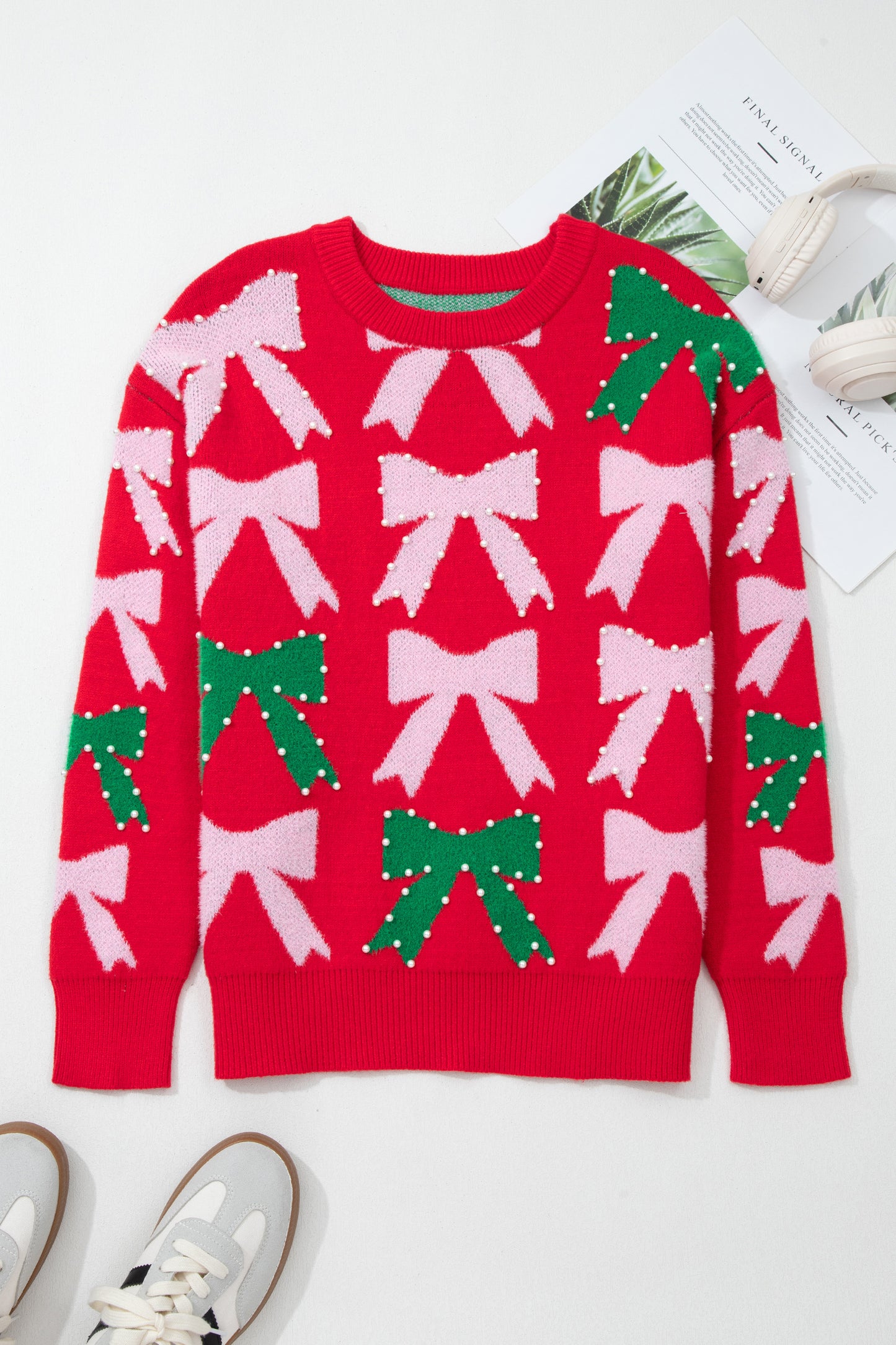 Fiery Red Bow Pearl Embellished Christmas Holiday Sweater-TOPS / DRESSES-[Adult]-[Female]-2022 Online Blue Zone Planet