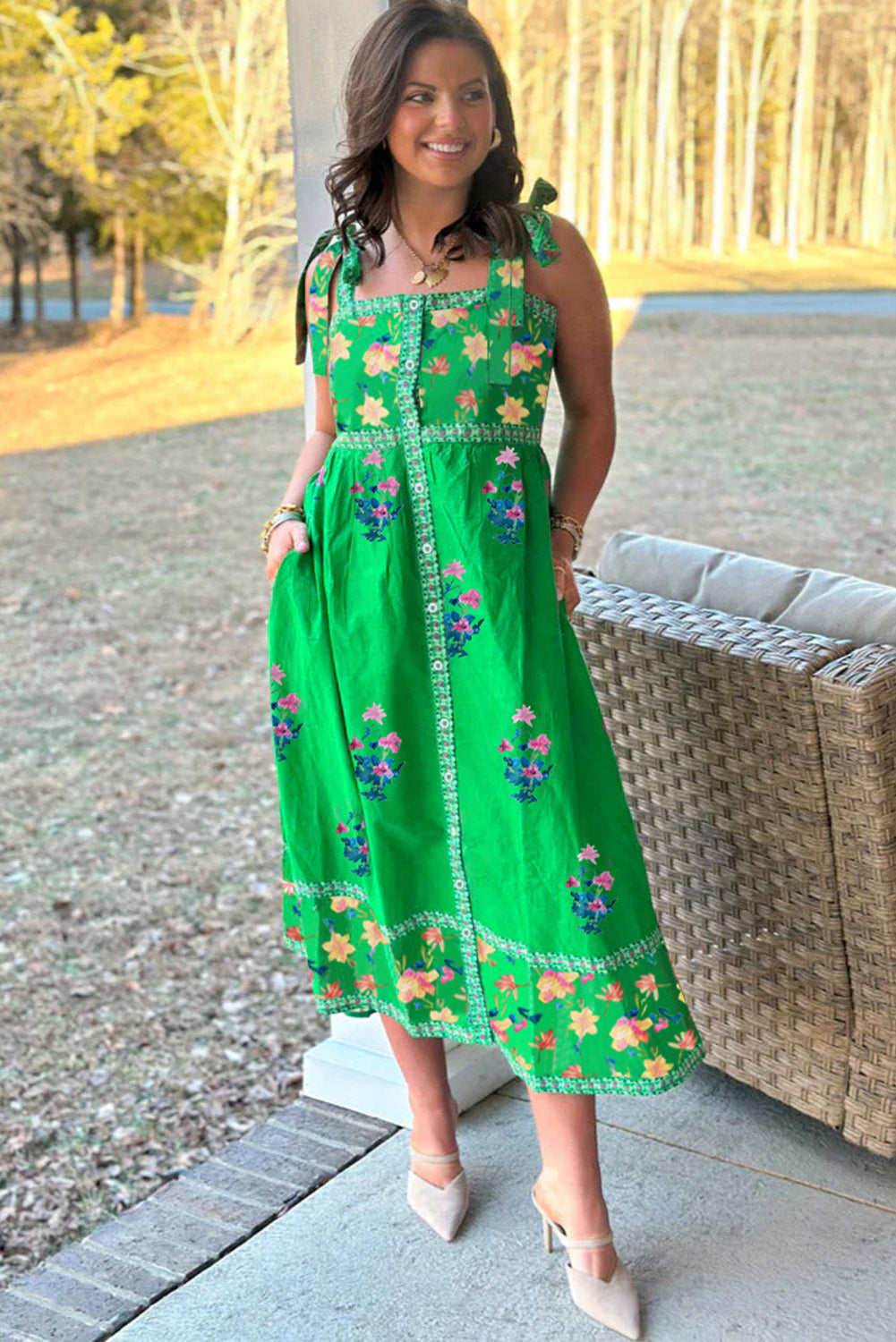 Green Floral Print Contrast Trim Knotted Straps Midi Dress-Midi Dresses-[Adult]-[Female]-2022 Online Blue Zone Planet