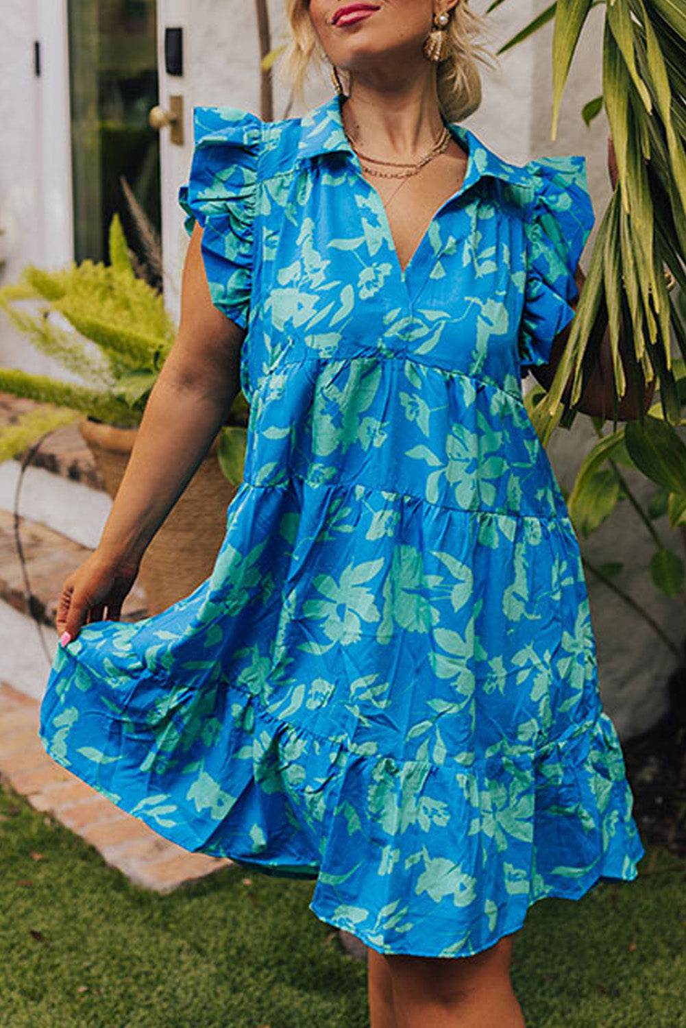 Blue Zone Planet |  Sky Blue Plus Size Floral Print Flutter Sleeve Buttoned Mini Dress Blue Zone Planet