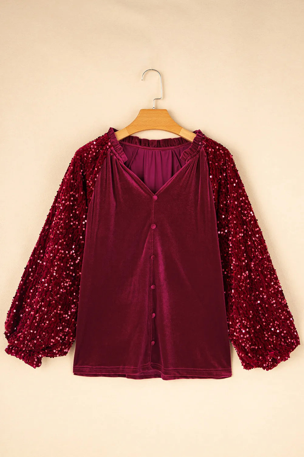 Sequin Notched Long Sleeve Blouse-TOPS / DRESSES-[Adult]-[Female]-2022 Online Blue Zone Planet