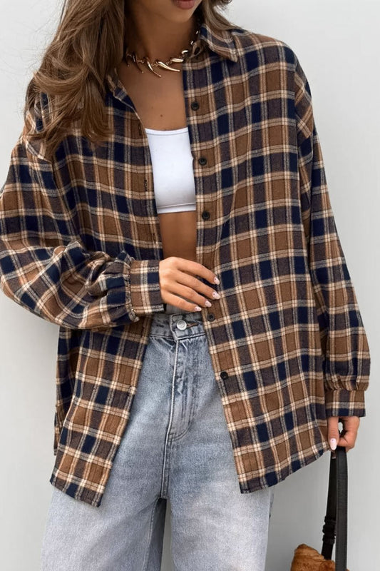 Plaid Button Up Drop Shoulder Shacket-TOPS / DRESSES-[Adult]-[Female]-Brown-S-2022 Online Blue Zone Planet