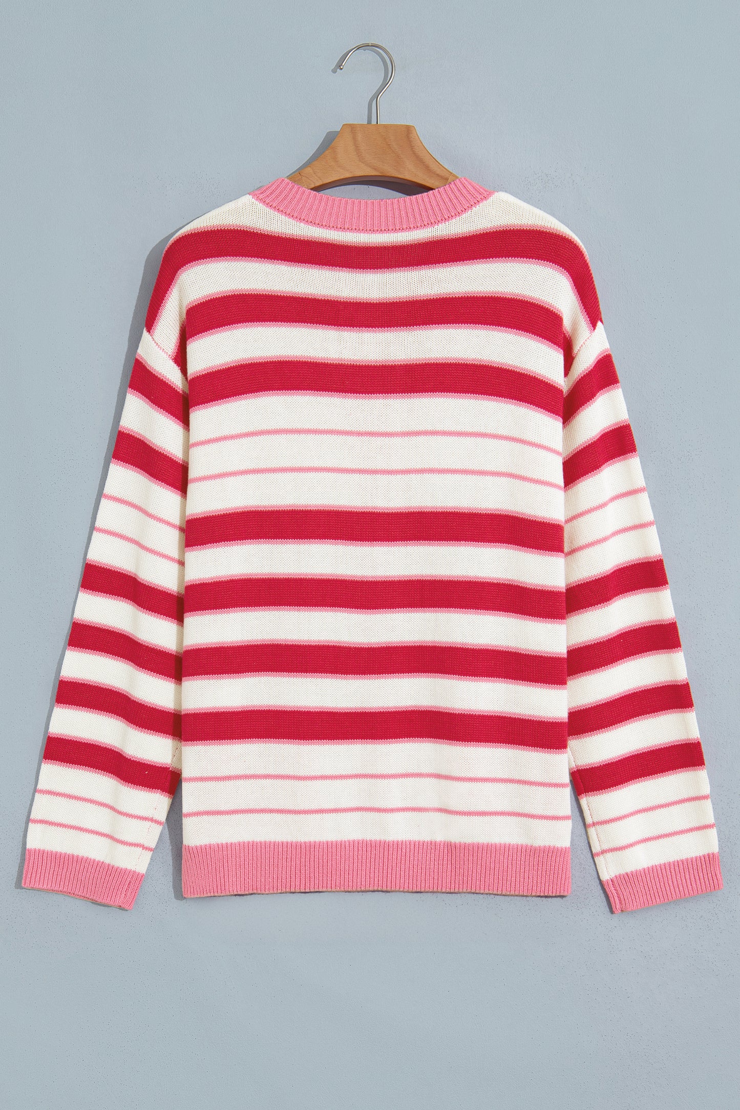 Red Stripe V Neck Long Sleeve Regular Fit Cardigan-Sweaters & Cardigans/Cardigans-[Adult]-[Female]-2022 Online Blue Zone Planet