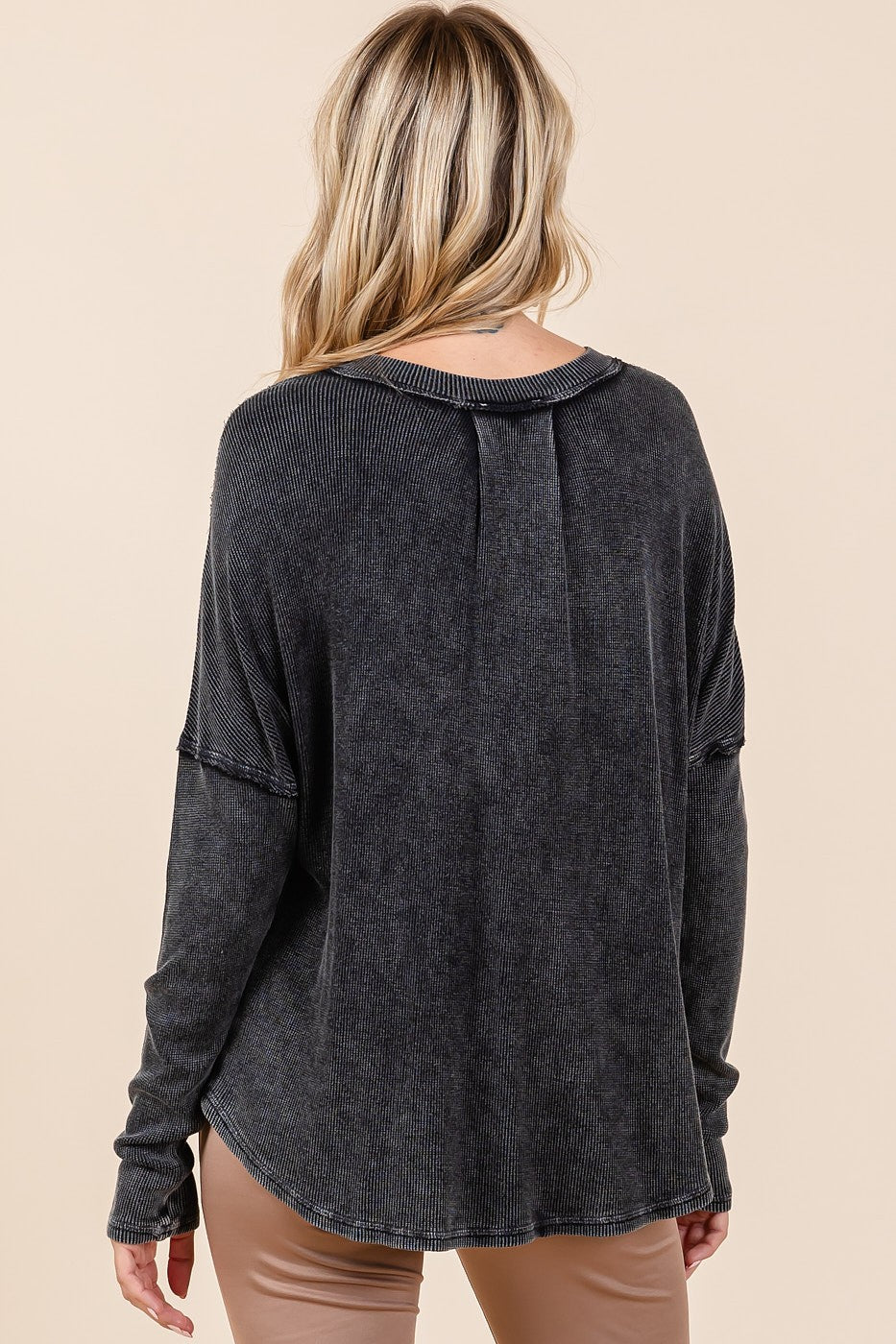 Blue Zone Planet | Mittoshop Washed V-Neck Long Sleeve Blouse-TOPS / DRESSES-[Adult]-[Female]-2022 Online Blue Zone Planet