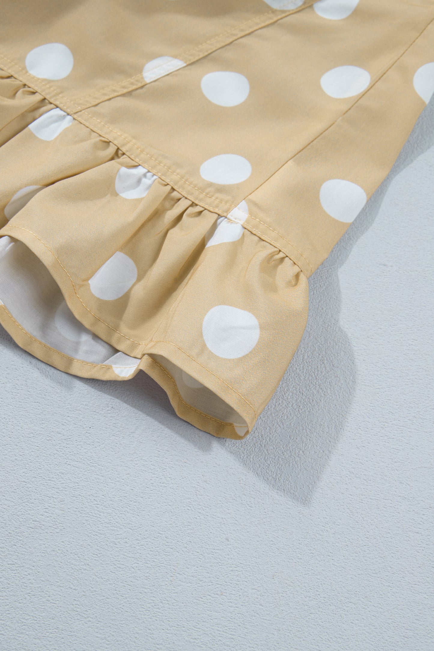 Khaki Polka Dot Print Three Quarter Sleeve Ruffle Hem Casual Shirt