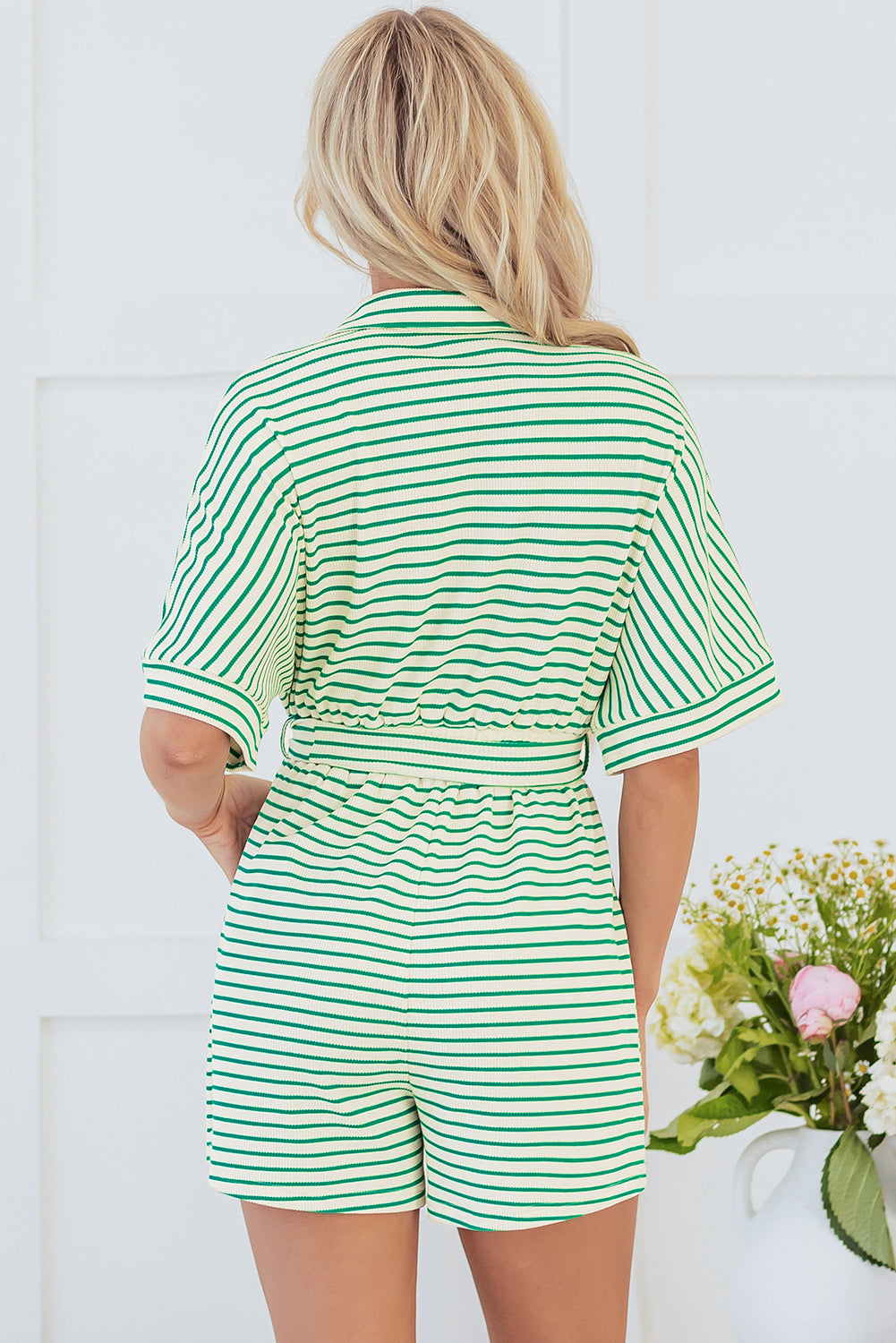 Blue Zone Planet | Green Stripe Textured Short Sleeve Collared Buttoned Waist Tie Romper-Bottoms/Jumpsuits & Rompers-[Adult]-[Female]-2022 Online Blue Zone Planet