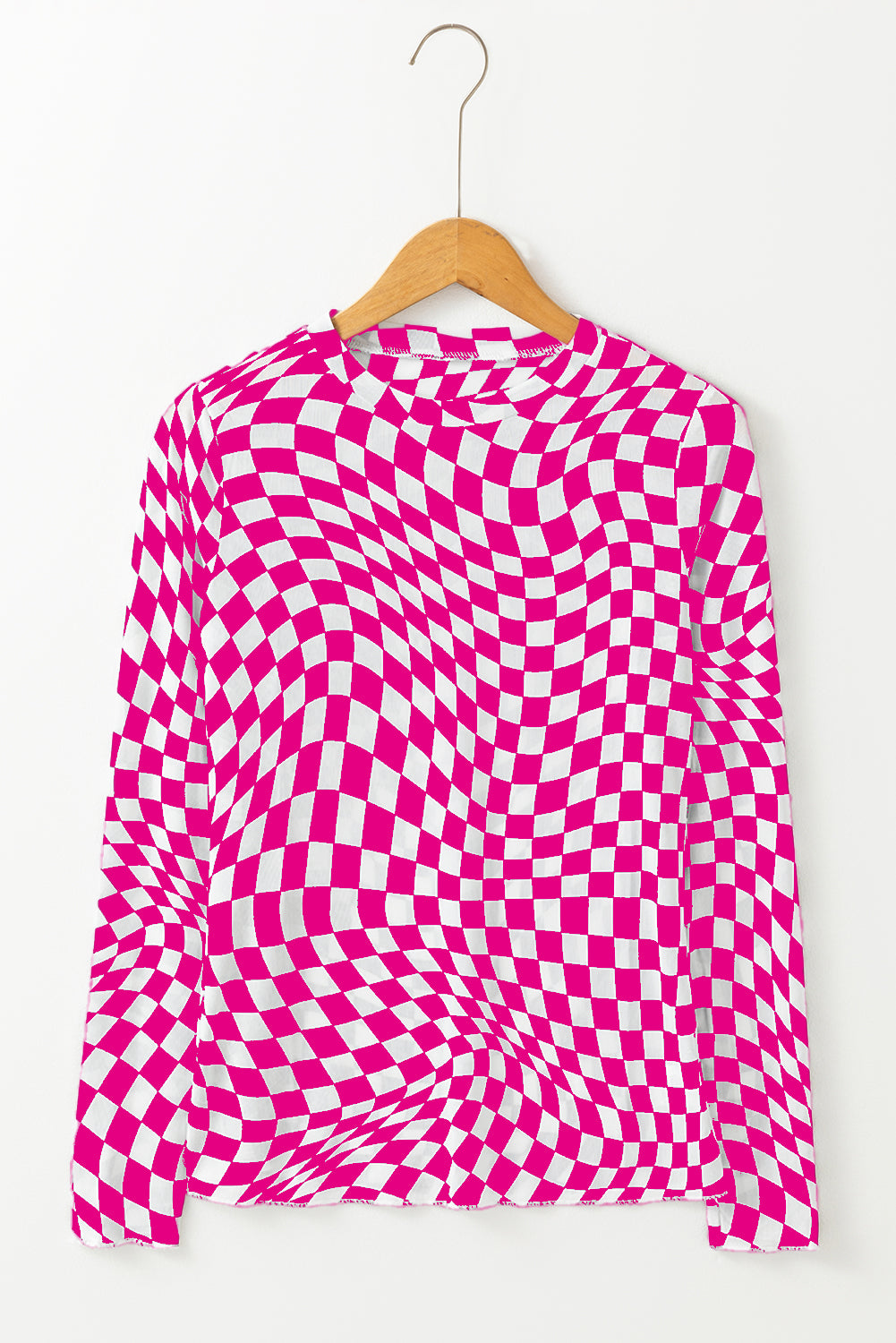 Blue Zone Planet | Rose Checkered Pattern Mesh Mock Neck Long Sleeve Top-Tops/Long Sleeve Tops-[Adult]-[Female]-2022 Online Blue Zone Planet