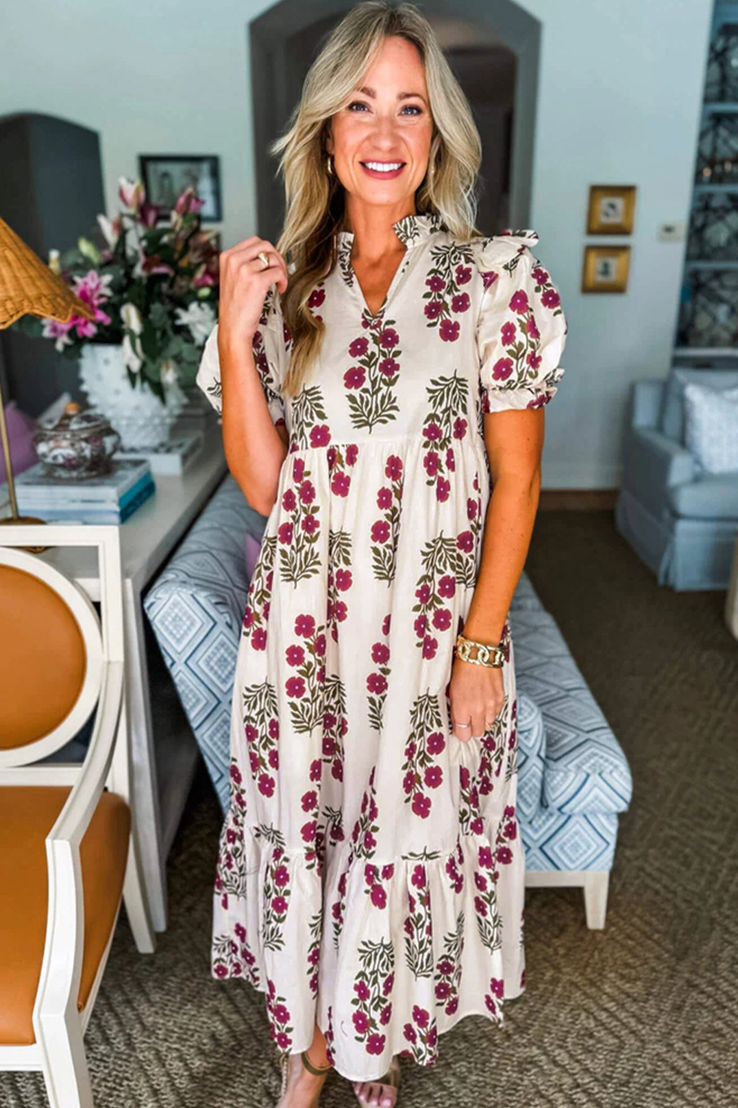 Beige Floral Short Bubble Sleeve Tiered Maxi Dress-Dresses/Maxi Dresses-[Adult]-[Female]-2022 Online Blue Zone Planet