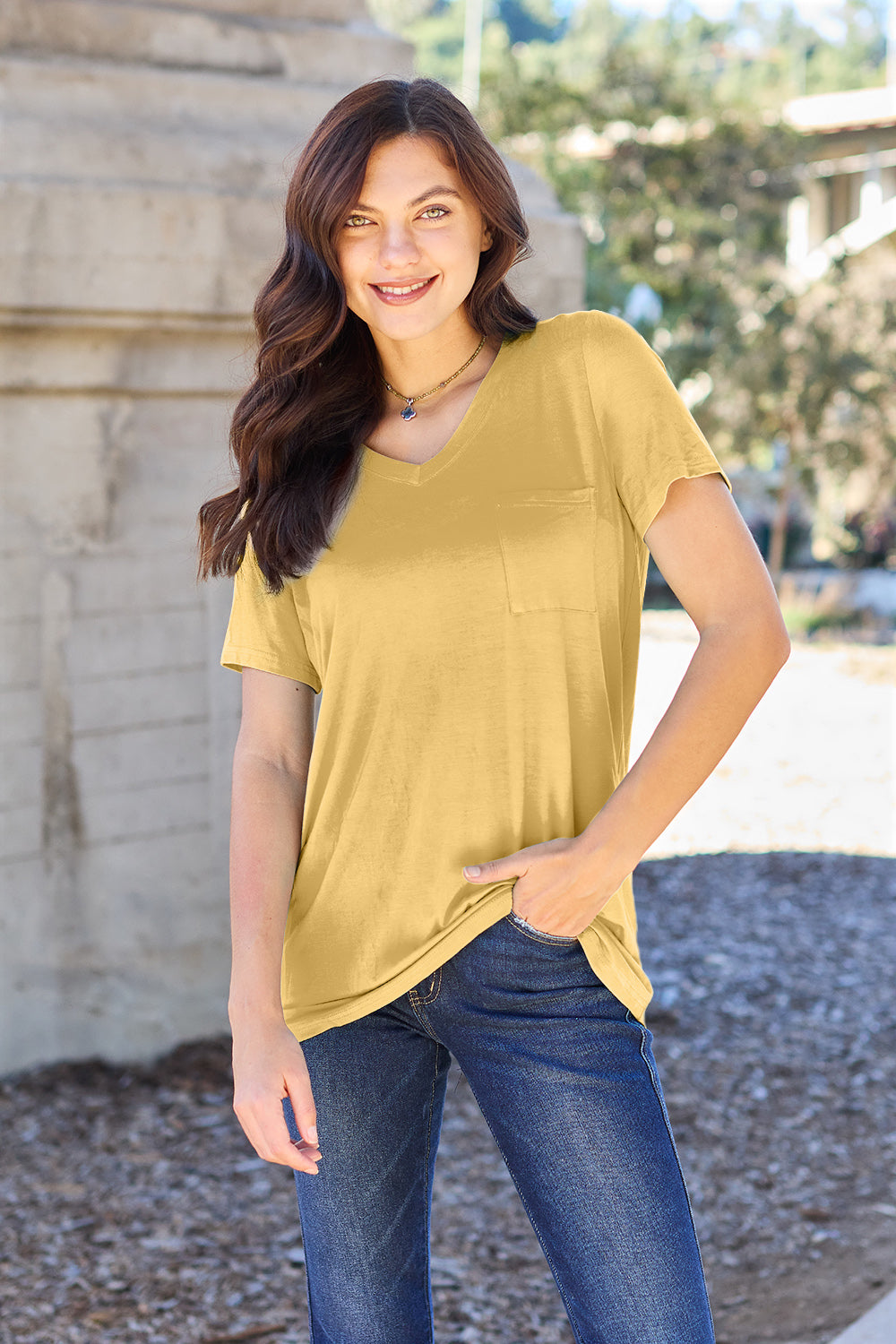 Basic Bae Bamboo Full Size V-Neck Short Sleeve T-Shirt-TOPS / DRESSES-[Adult]-[Female]-Yellow-S-2022 Online Blue Zone Planet