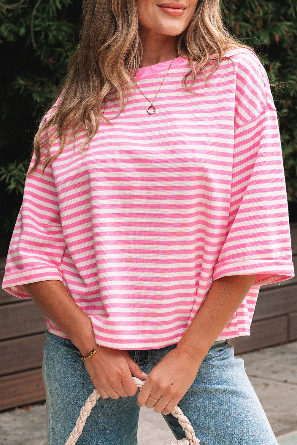 Pink Stripe Bowknot Cutout Back Drop Shoulder Wide Bracelet Sleeve Loose Tee-Tops/Tops & Tees-[Adult]-[Female]-2022 Online Blue Zone Planet
