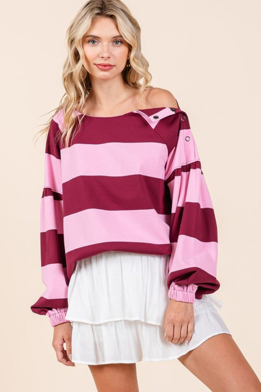 Mittoshop Striped Snap Shoulder Long Sleeve T-Shirt-TOPS / DRESSES-[Adult]-[Female]-2022 Online Blue Zone Planet