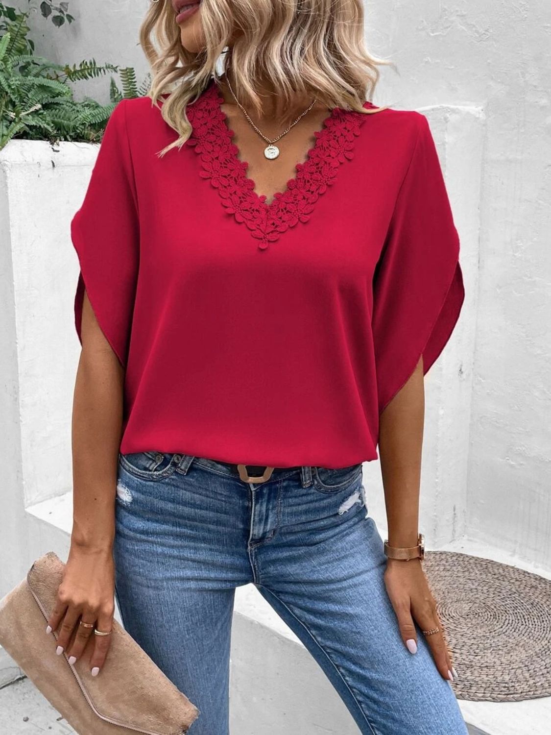 Lace Detail V-Neck Half Sleeve Blouse-TOPS / DRESSES-[Adult]-[Female]-Deep Red-S-2022 Online Blue Zone Planet