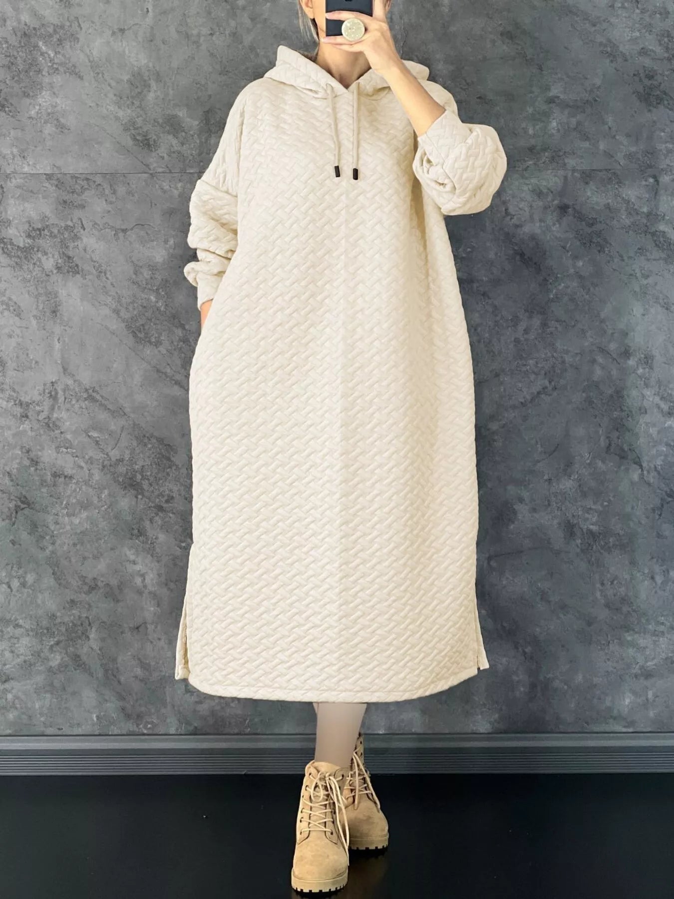 Textured Knit Hoodie Dress with Side Slit Ivory / XL by Blue Zone Planet Textured Knit Hoodie Dress with Side Slit Ivory / XL by Blue Zone Planet