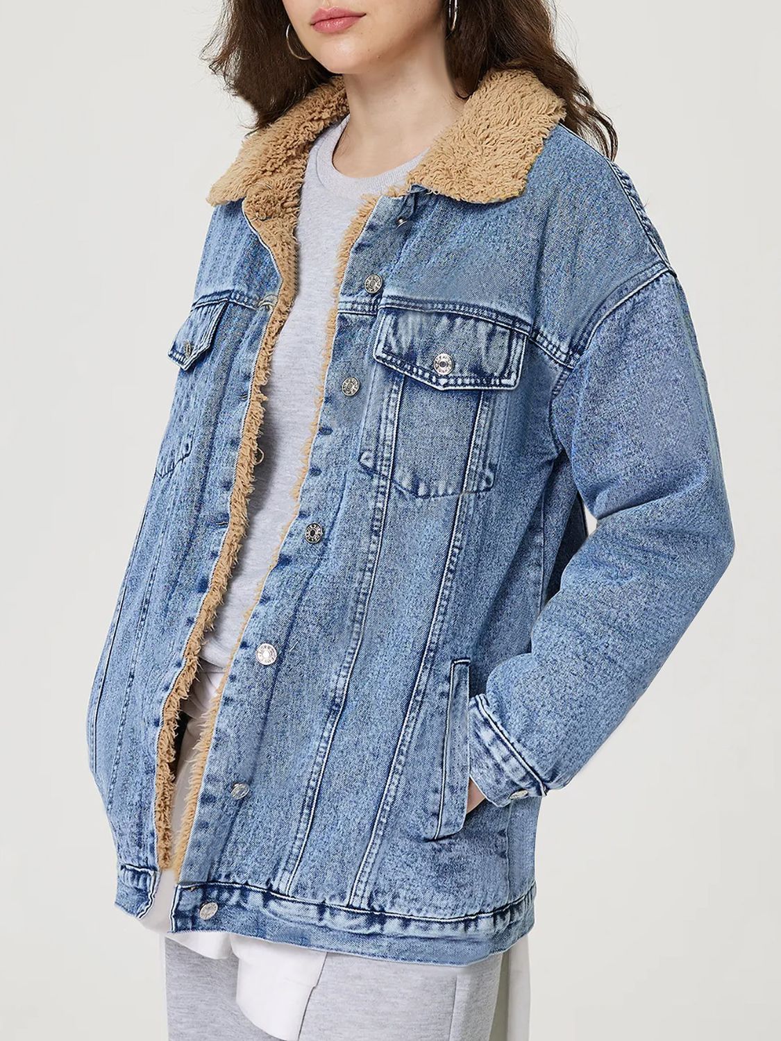 Blue Zone Planet | Button Up Collared Neck Plush Denim Jacket-TOPS / DRESSES-[Adult]-[Female]-2022 Online Blue Zone Planet