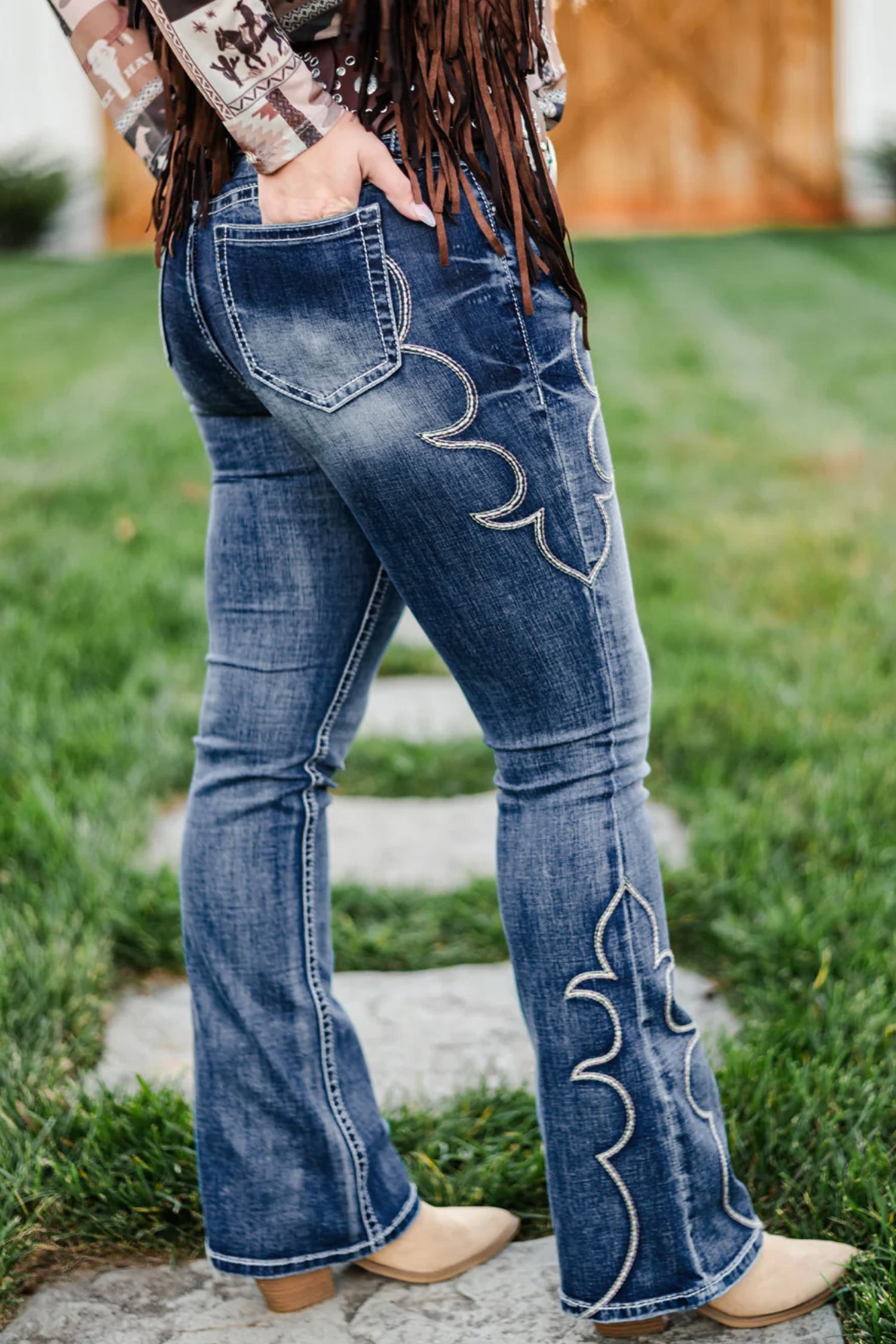 Blue Western Embroidered Flare Full Length Jeans-Bottoms/Jeans-[Adult]-[Female]-2022 Online Blue Zone Planet