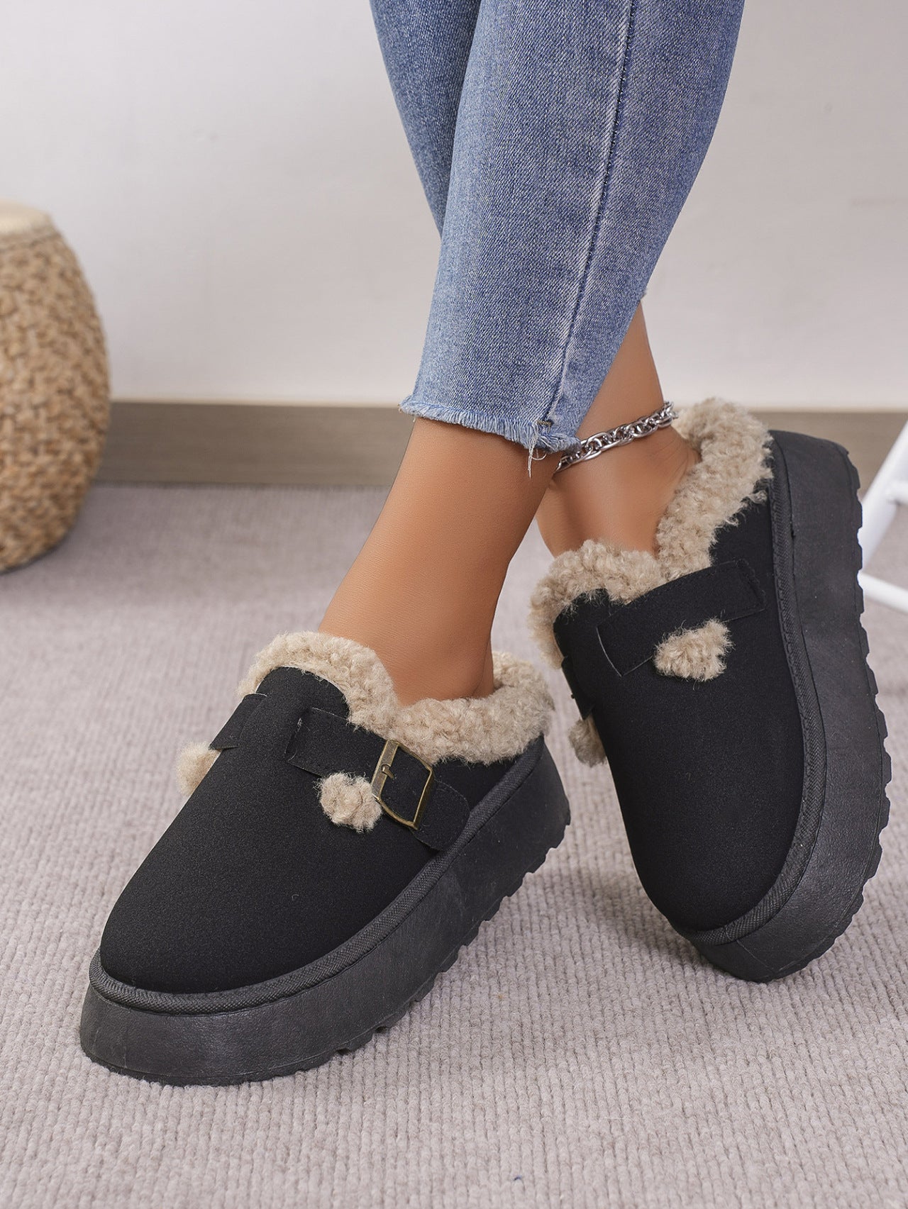 Blue Zone Planet | Thermal Fuzzy Buckle Platform Slippers-SHOES-[Adult]-[Female]-2022 Online Blue Zone Planet