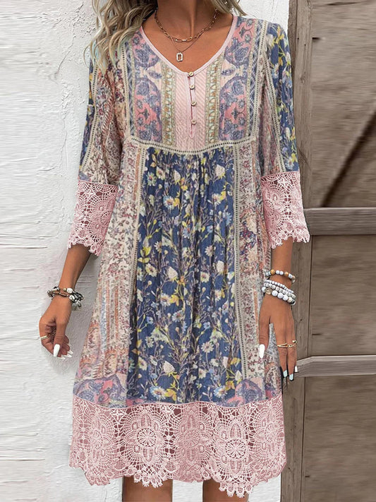 Blue Zone Planet | Full Size Lace Detail Printed Three-Quarter Sleeve Dress-TOPS / DRESSES-[Adult]-[Female]-Blush Pink-S-2022 Online Blue Zone Planet