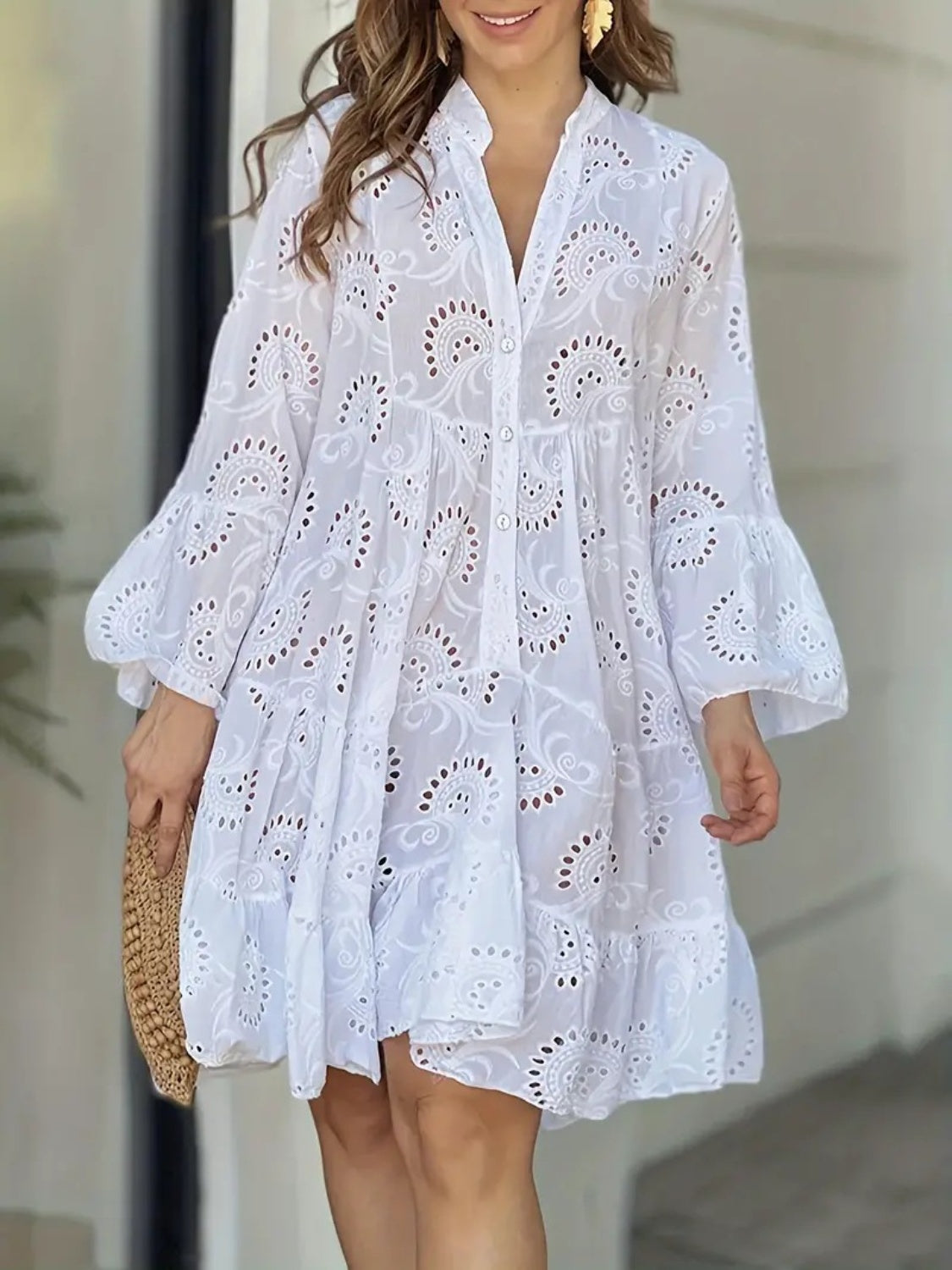 Ruffle Hem Eyelet Notched Long Sleeve Dress-TOPS / DRESSES-[Adult]-[Female]-White-S-2022 Online Blue Zone Planet