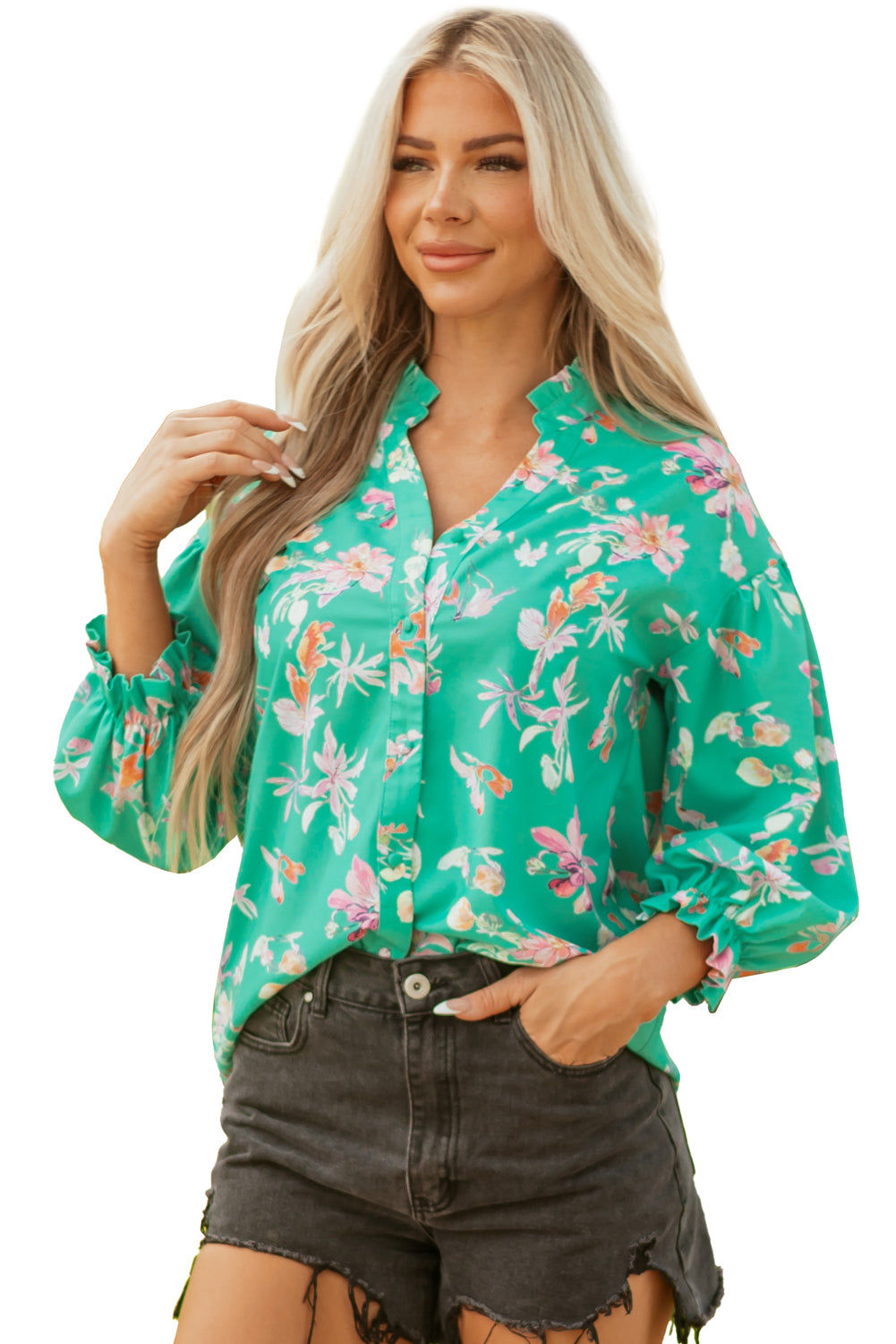 Green Floral Lantern Sleeve Button Front Shirt-Tops/Blouses & Shirts-[Adult]-[Female]-2022 Online Blue Zone Planet