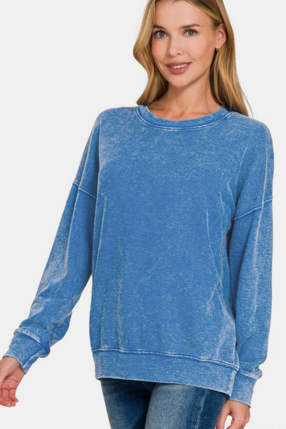 Zenana Washed Round Neck Dropped Shoulder Sweatshirt-TOPS / DRESSES-[Adult]-[Female]-Blue-S-2022 Online Blue Zone Planet