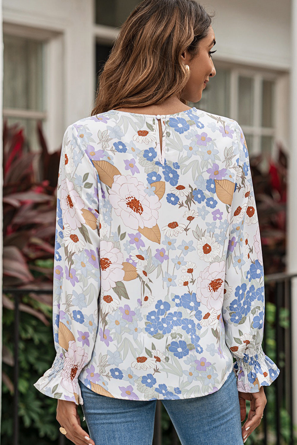 White Floral Print Sweet Lantern Long Sleeve Blouse-Tops/Blouses & Shirts-[Adult]-[Female]-2022 Online Blue Zone Planet