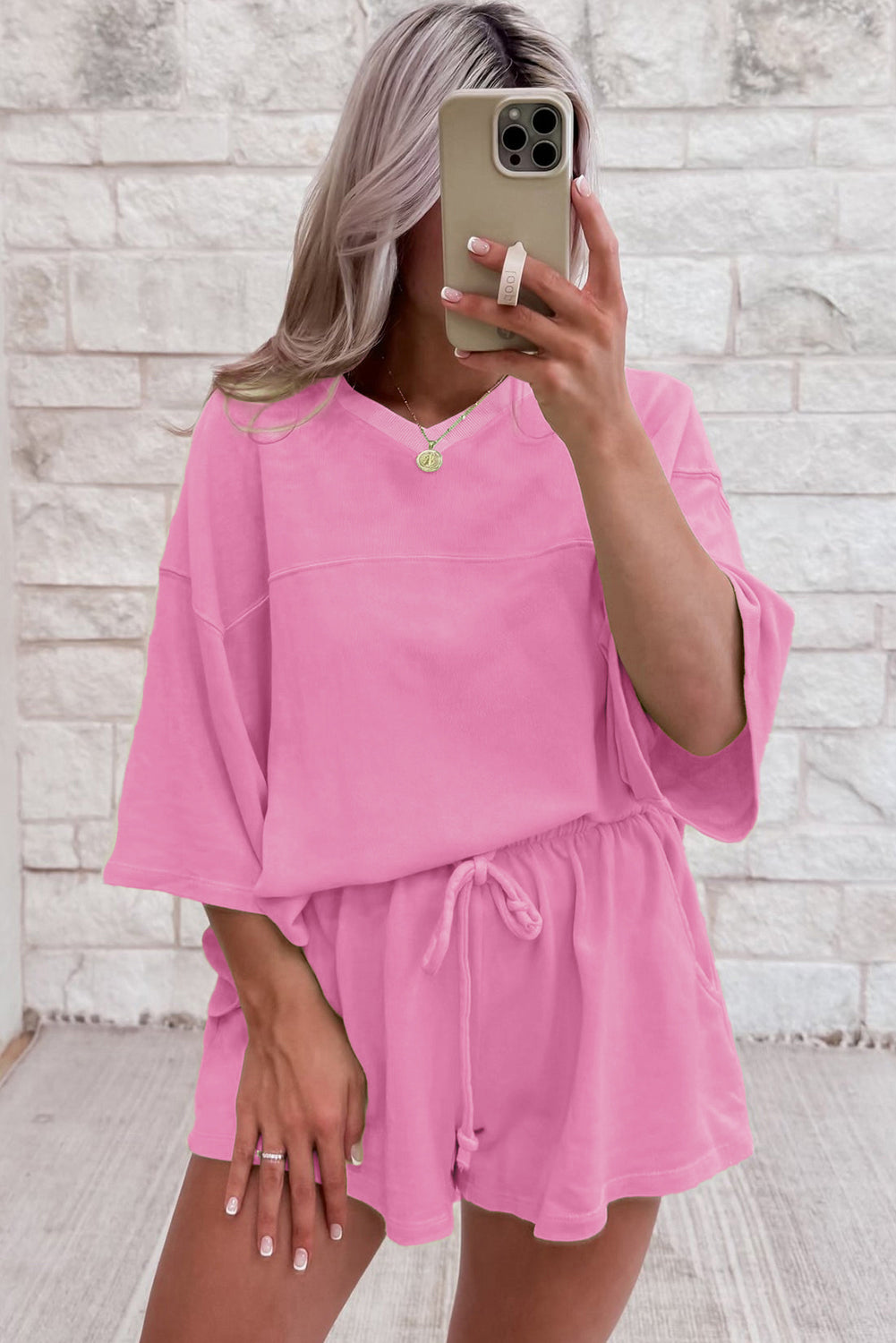 Bonbon Solid Loose V Neck Half Sleeve Tee and Shorts-Two Piece Sets/Short Sets-[Adult]-[Female]-2022 Online Blue Zone Planet