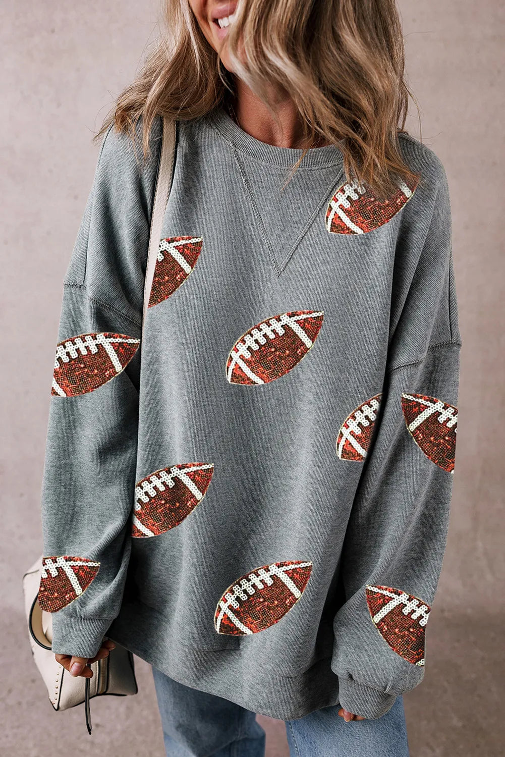 Blue Zone Planet | Sequin Football Round Neck Long Sleeve Sweatshirt-TOPS / DRESSES-[Adult]-[Female]-Dark Gray-S-2022 Online Blue Zone Planet