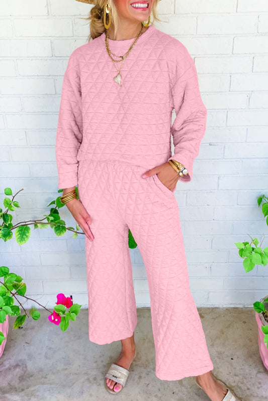 Pink Solid Quilted Pullover and Pants Outfit-Two Piece Sets/Pant Sets-[Adult]-[Female]-Apricot Powder-S-2022 Online Blue Zone Planet