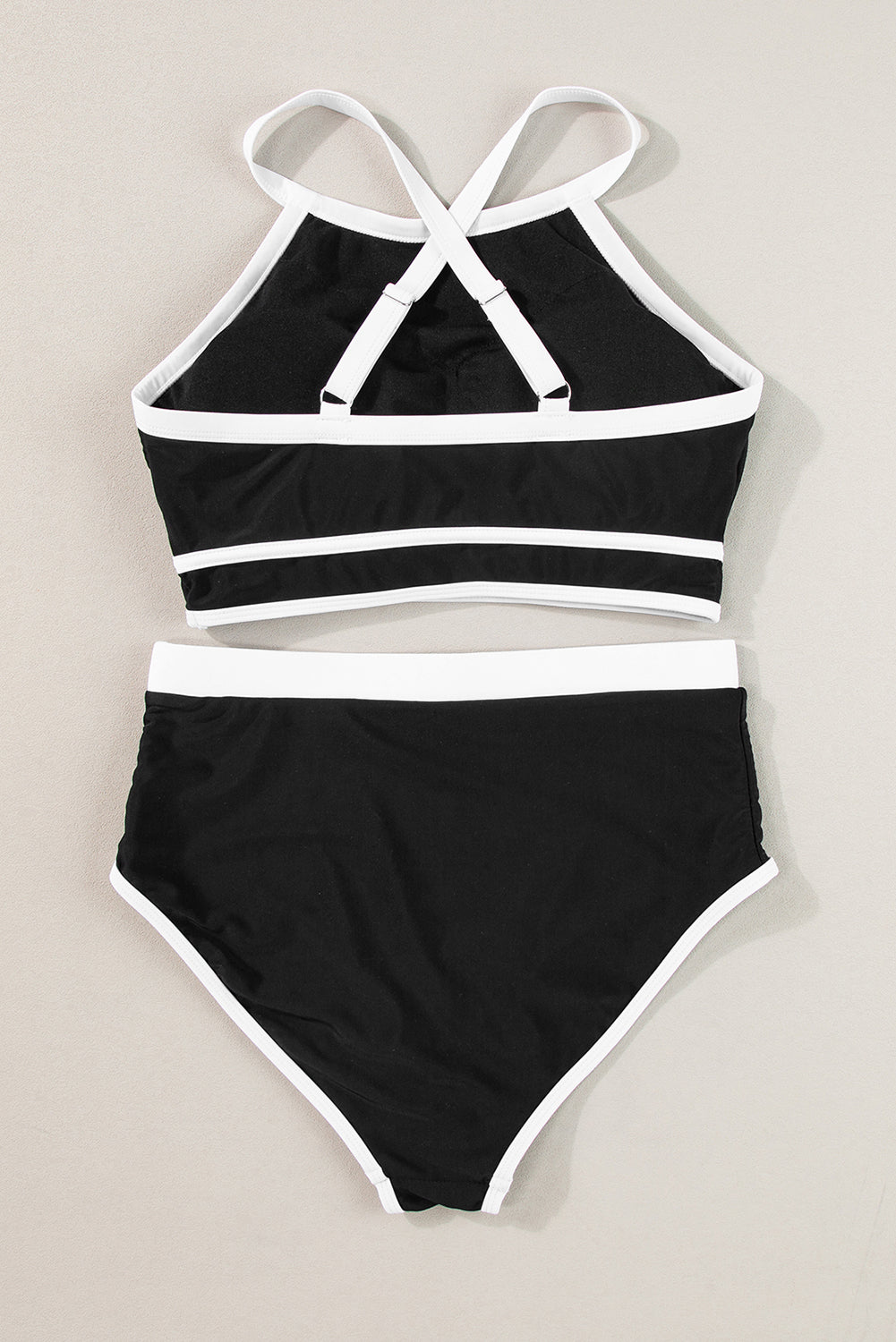 Black Contrast Trim Crisscross Back High Waisted Bikini Blue Zone Planet