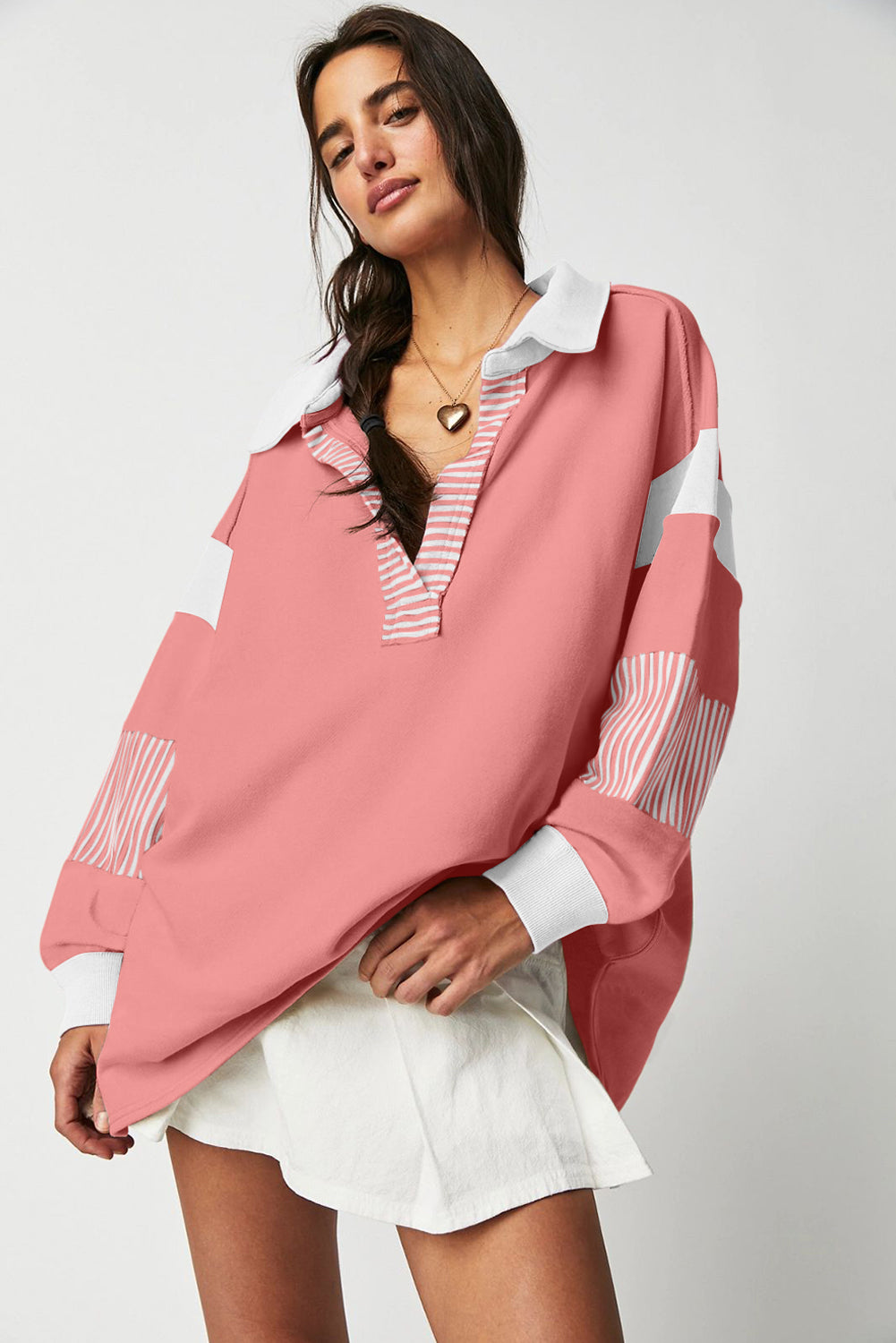 Dark Blue Striped Colorblock Patchwork Collar Sweatshirt-Tops/Sweatshirts & Hoodies-[Adult]-[Female]-2022 Online Blue Zone Planet