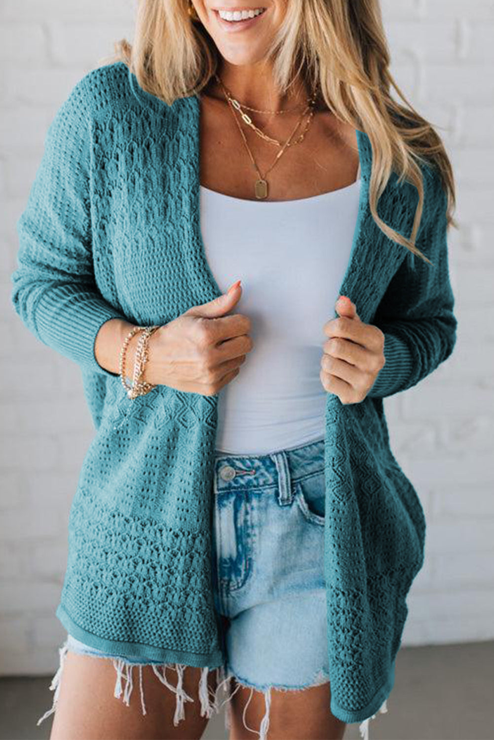 Lapis Mix Pattern Hollowed Knit Open Front Cardigan-Sweaters & Cardigans/Cardigans-[Adult]-[Female]-Lapis-S-2022 Online Blue Zone Planet