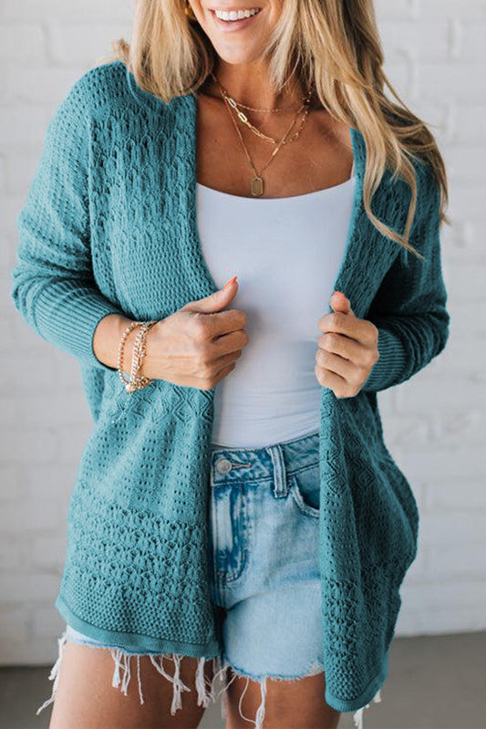Lapis Mix Pattern Hollowed Knit Open Front Cardigan-Sweaters & Cardigans/Cardigans-[Adult]-[Female]-Lapis-S-2022 Online Blue Zone Planet