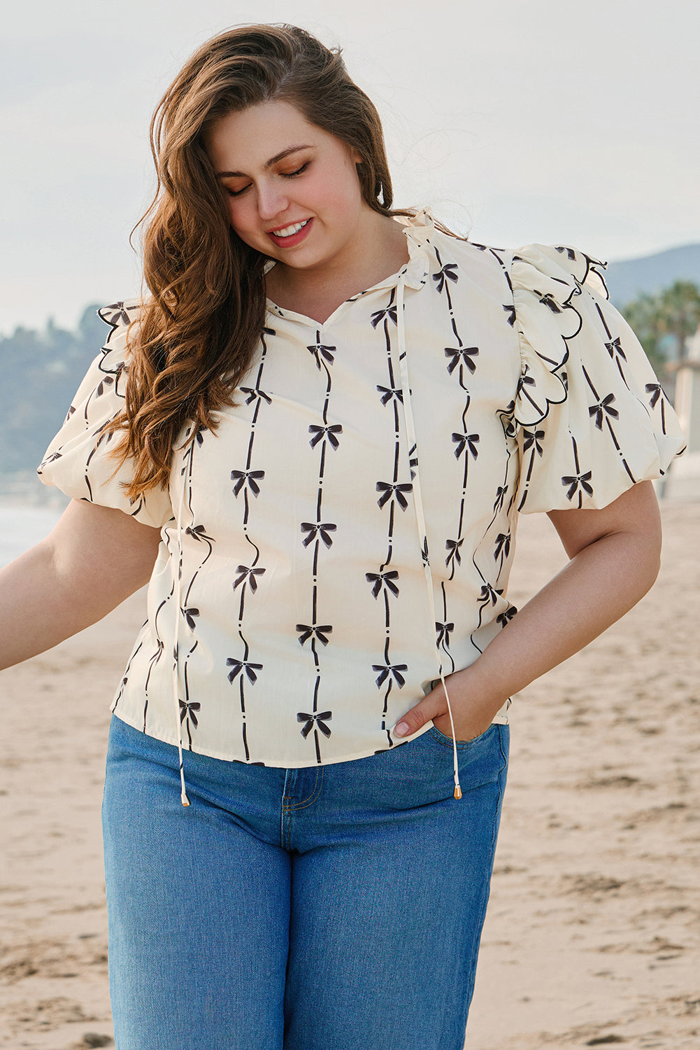 Apricot Bow Printed Ruffled Bubble Sleeve Lace-up Notched Neck Plus Size Blouse-Plus Size/Plus Size Tops/Plus Size Blouses & Shirts-[Adult]-[Female]-2022 Online Blue Zone Planet