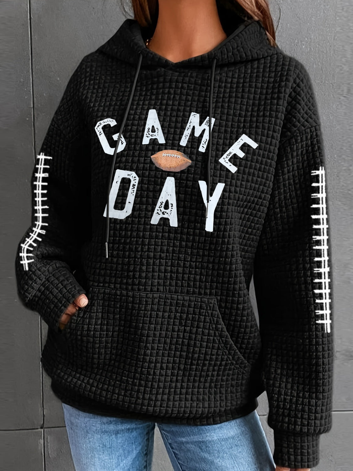 GAME DAY Football Drawstring Long Sleeve Hoodie-TOPS / DRESSES-[Adult]-[Female]-Black-S-2022 Online Blue Zone Planet