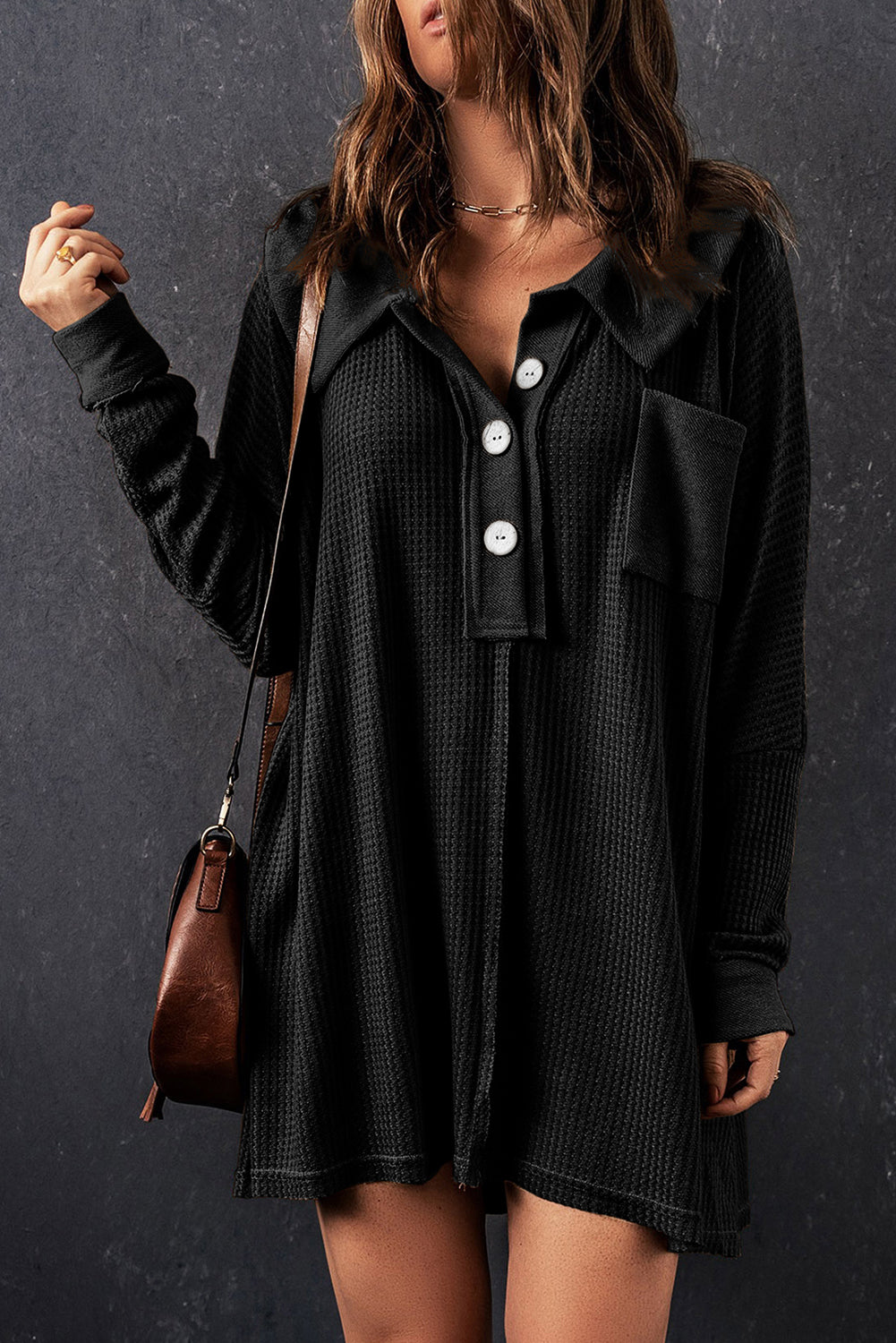 Black Waffle Knit Buttoned Long Sleeve Top-Tops/Long Sleeve Tops-[Adult]-[Female]-2022 Online Blue Zone Planet