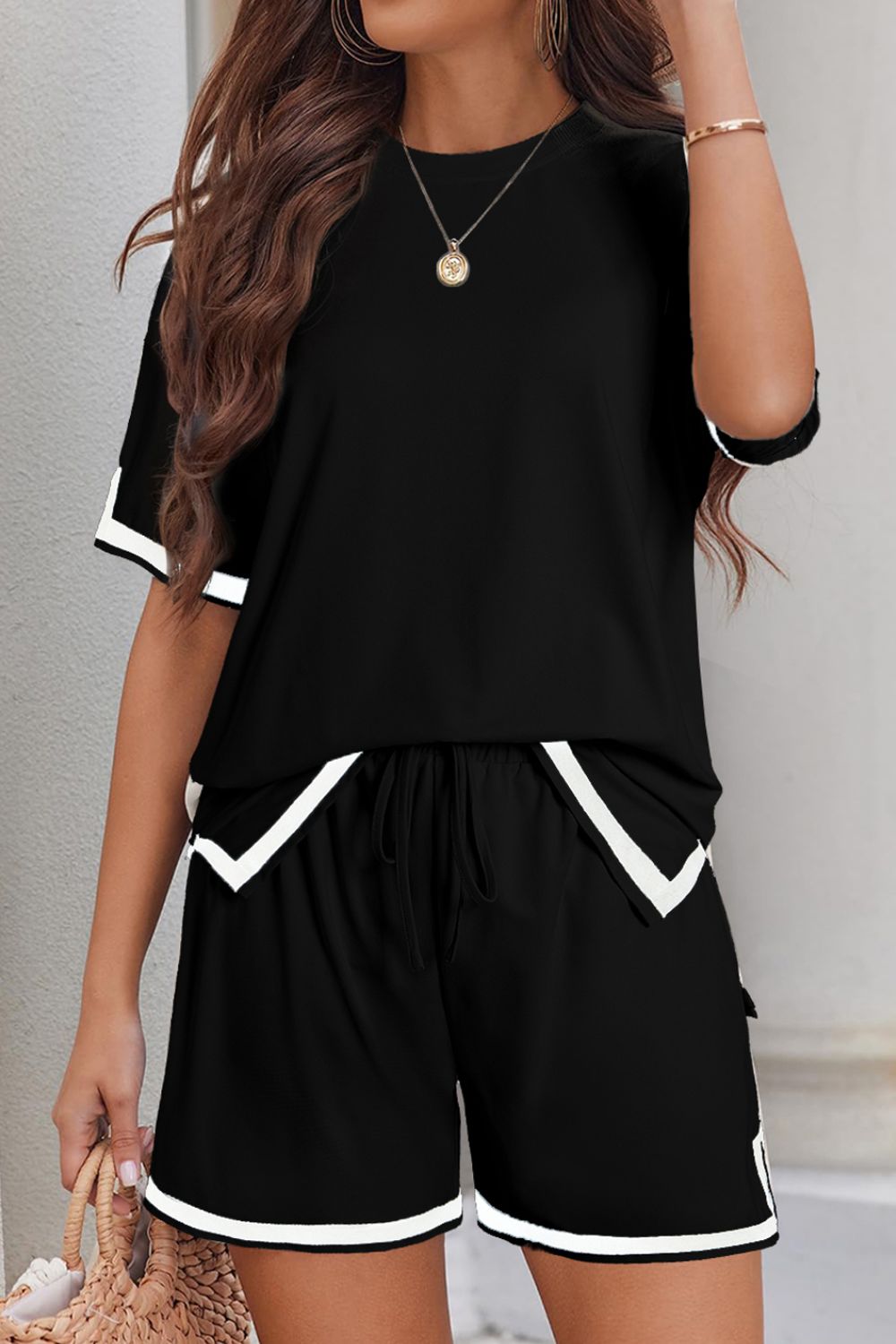 Blue Zone Planet | Contrast Trim Half Sleeve Top and Shorts Set-TOPS / DRESSES-[Adult]-[Female]-Black-S-2022 Online Blue Zone Planet