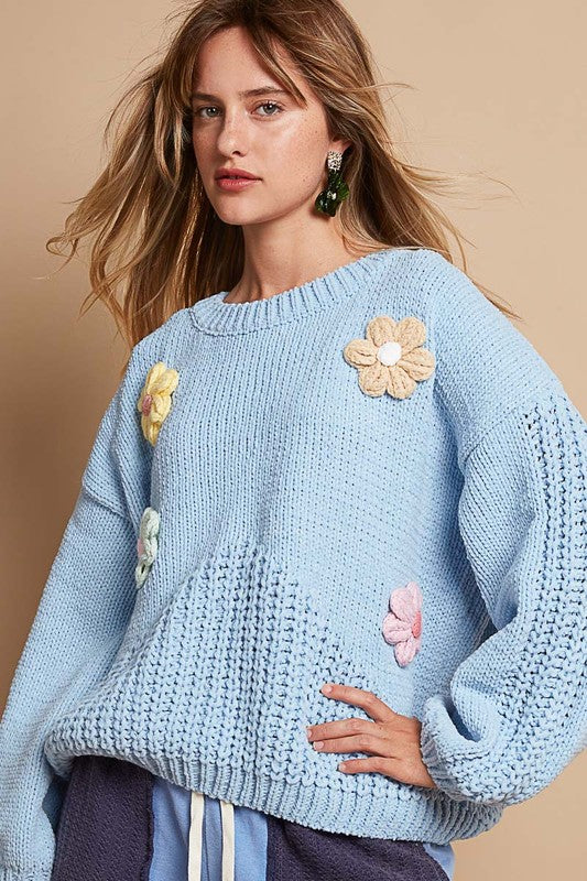 POL Crochet Flower Round Neck Dropped Shoulder Sweater-TOPS / DRESSES-[Adult]-[Female]-2022 Online Blue Zone Planet