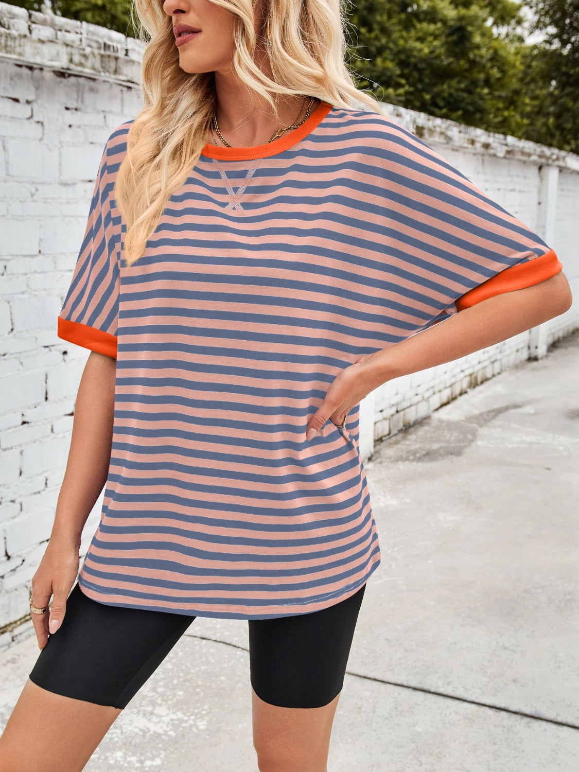 Lovelet Striped Round Neck Half Sleeve T-Shirt-TOPS / DRESSES-[Adult]-[Female]-2022 Online Blue Zone Planet