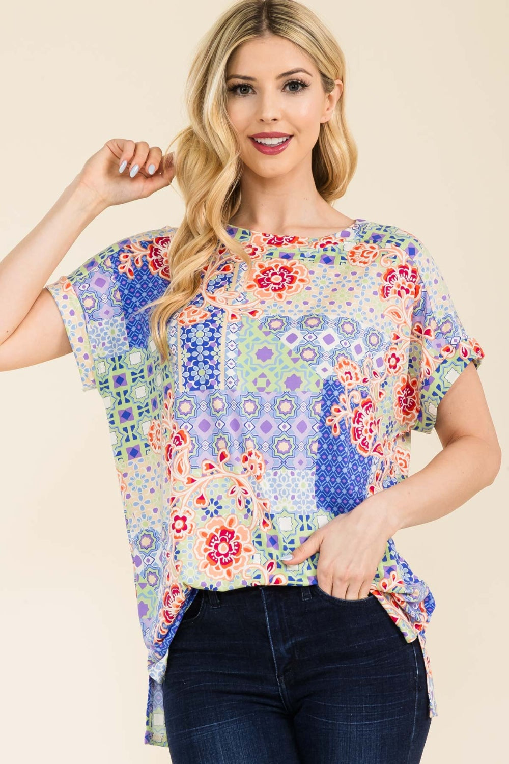 Celeste Full Size Round Neck Short Sleeve Floral T-Shirt-TOPS / DRESSES-[Adult]-[Female]-Blue Lavender-S-2022 Online Blue Zone Planet