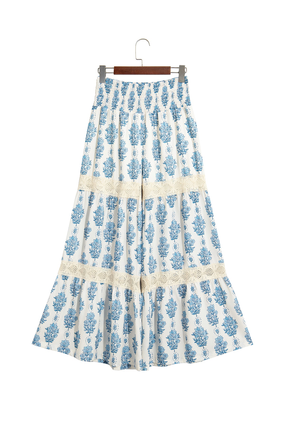 Sky Blue Floral Print Lace Patchwork Detail Wide Leg Pants-Bottoms/Pants & Culotte-[Adult]-[Female]-2022 Online Blue Zone Planet