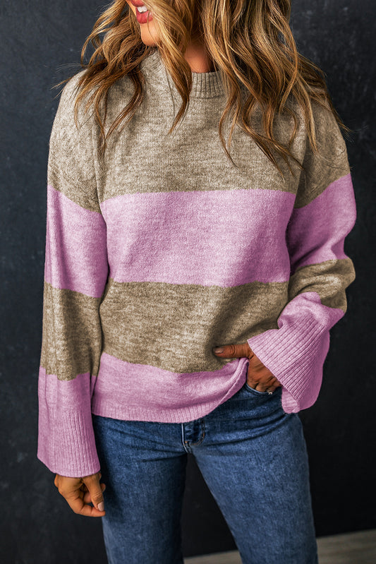 Color Block Round Neck Long Sleeve Sweater-TOPS / DRESSES-[Adult]-[Female]-Pink-S-2022 Online Blue Zone Planet
