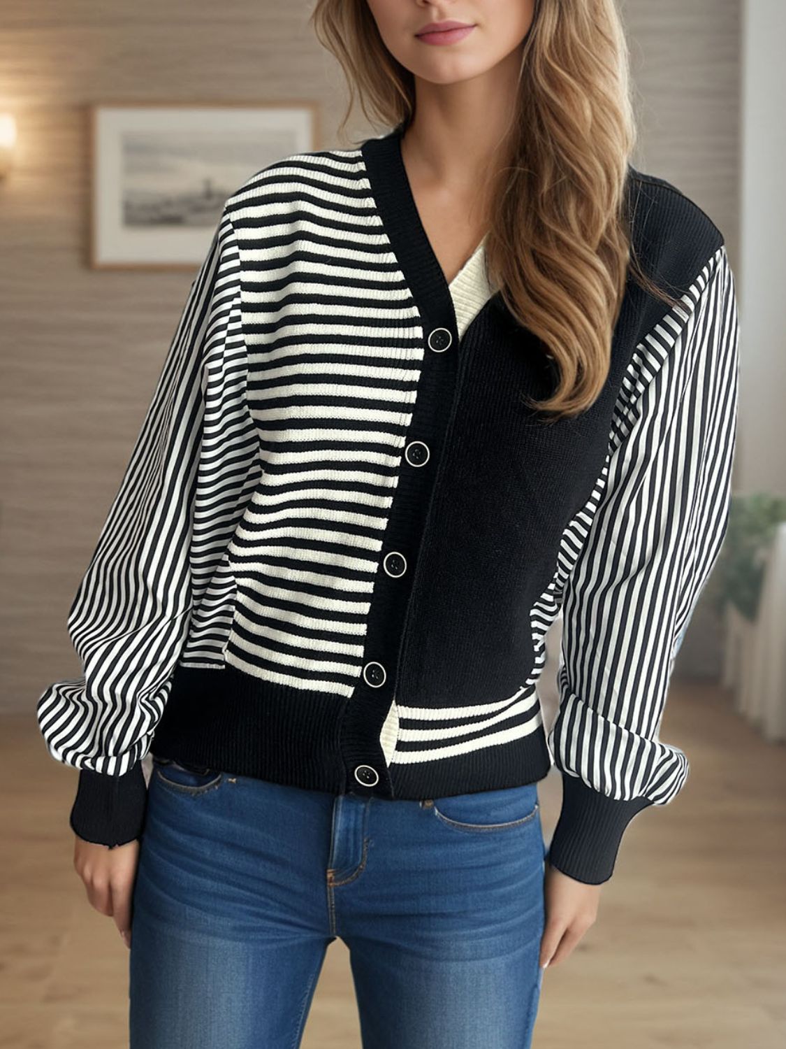 Blue Zone Planet | Striped Button Down Long Sleeve Cardigan-TOPS / DRESSES-[Adult]-[Female]-Black-One Size-2022 Online Blue Zone Planet