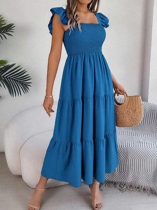 Blue Zone Planet | Smocked Square Neck Cap Sleeve Midi Dress-TOPS / DRESSES-[Adult]-[Female]-Royal Blue-S-2022 Online Blue Zone Planet